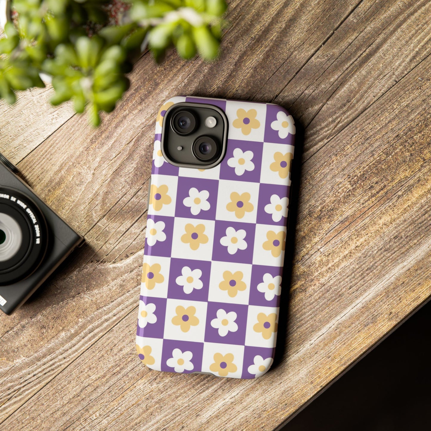 Gold and White Flower or Purple and White Checker iPhone Case | Trendy Aesthetic Floral & Retro Phone Cover