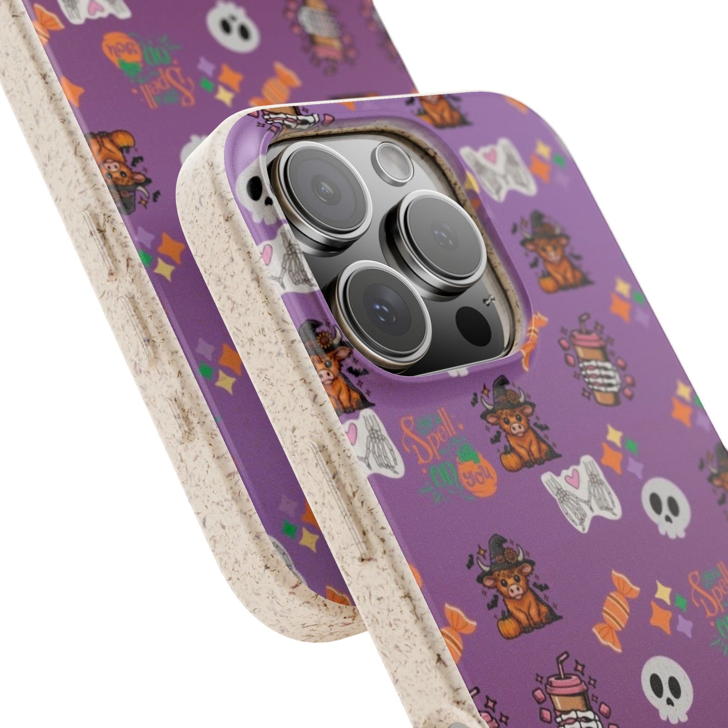 Spell On You Halloween Teddy Bear iPhone Case | Cute Witch Bear, Candy and Skull Pattern | Purple Aesthetic Protective Phone Cover