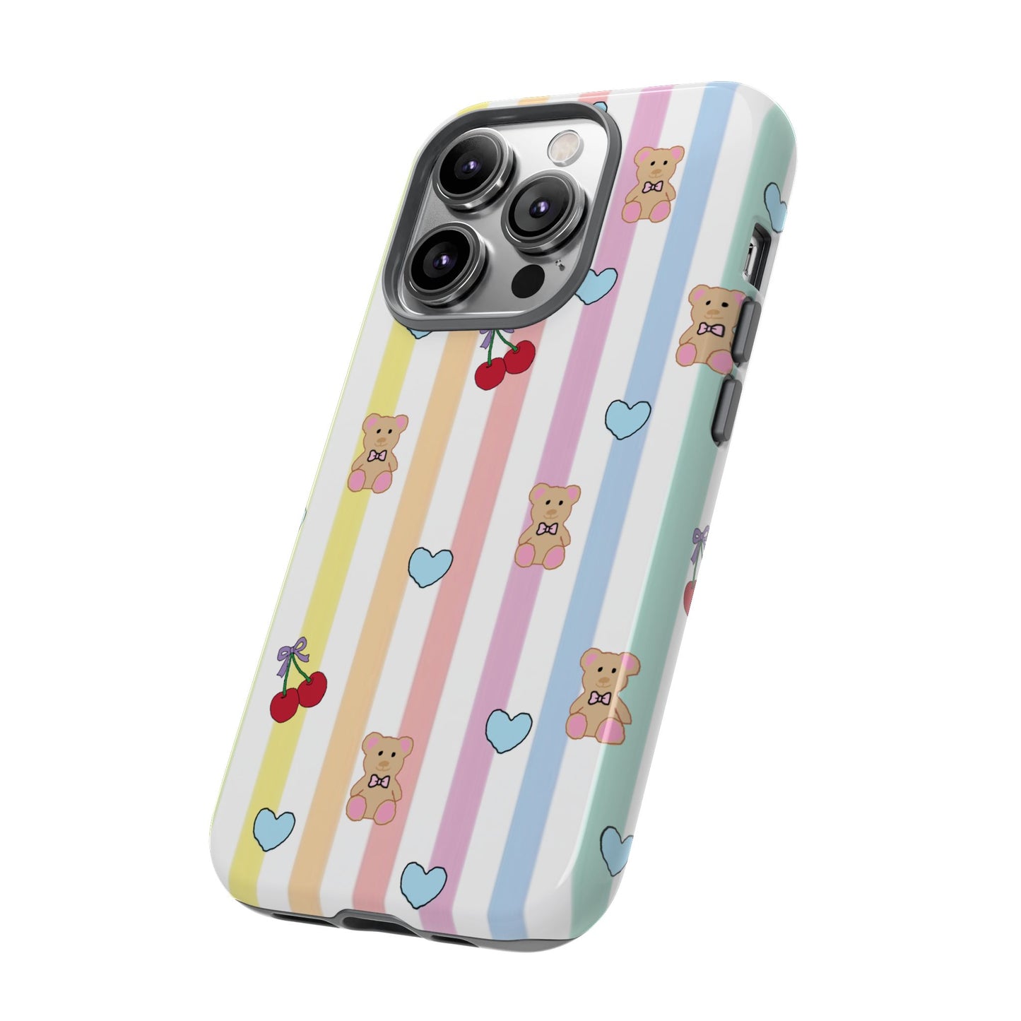 Teddy Bear and Cherry Bow iPhone Case | Pastel Stripes, Blue Hearts, Glossy Tough Protective Cover for iPhone 14 through iPhone 17 Pro Max