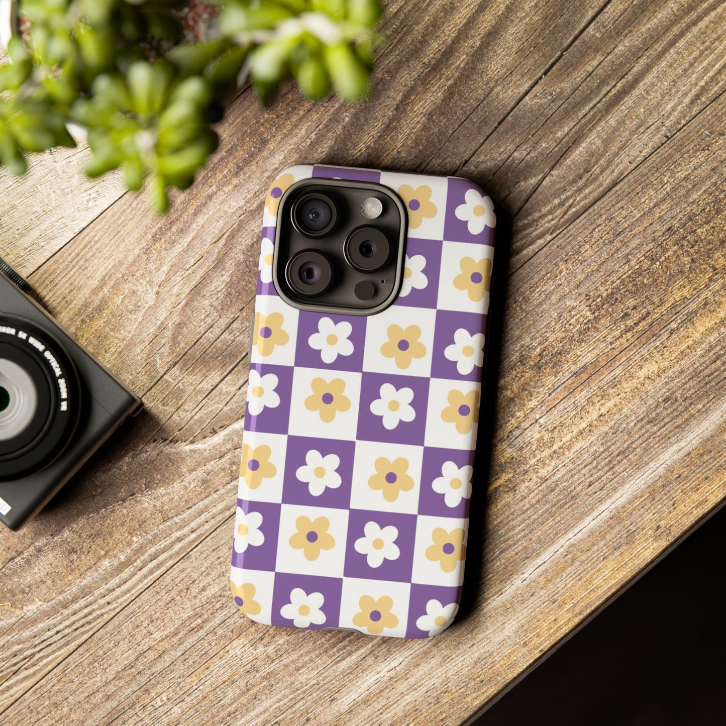 Gold and White Flower or Purple and White Checker iPhone Case | Trendy Aesthetic Floral & Retro Phone Cover