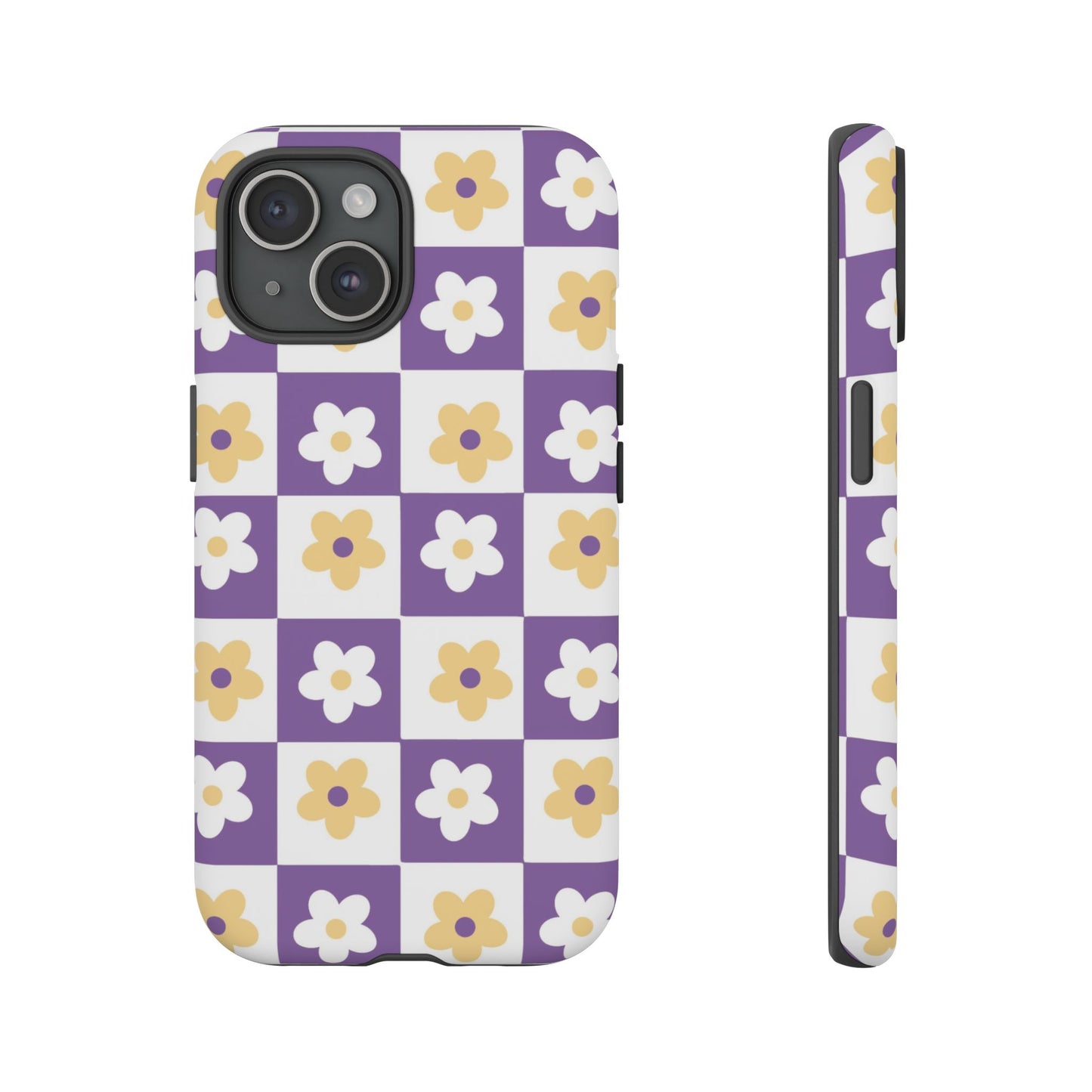 Gold and White Flower or Purple and White Checker iPhone Case | Trendy Aesthetic Floral & Retro Phone Cover