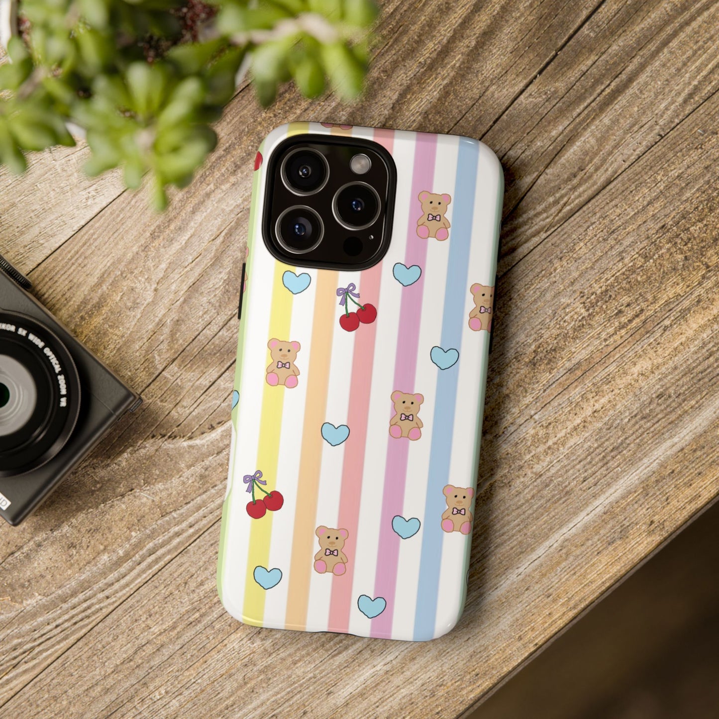 Teddy Bear and Cherry Bow iPhone Case | Pastel Stripes, Blue Hearts, Glossy Tough Protective Cover for iPhone 14 through iPhone 17 Pro Max