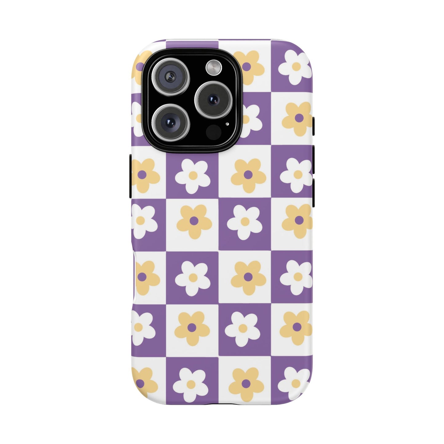 Gold and White Flower or Purple and White Checker iPhone Case | Trendy Aesthetic Floral & Retro Phone Cover