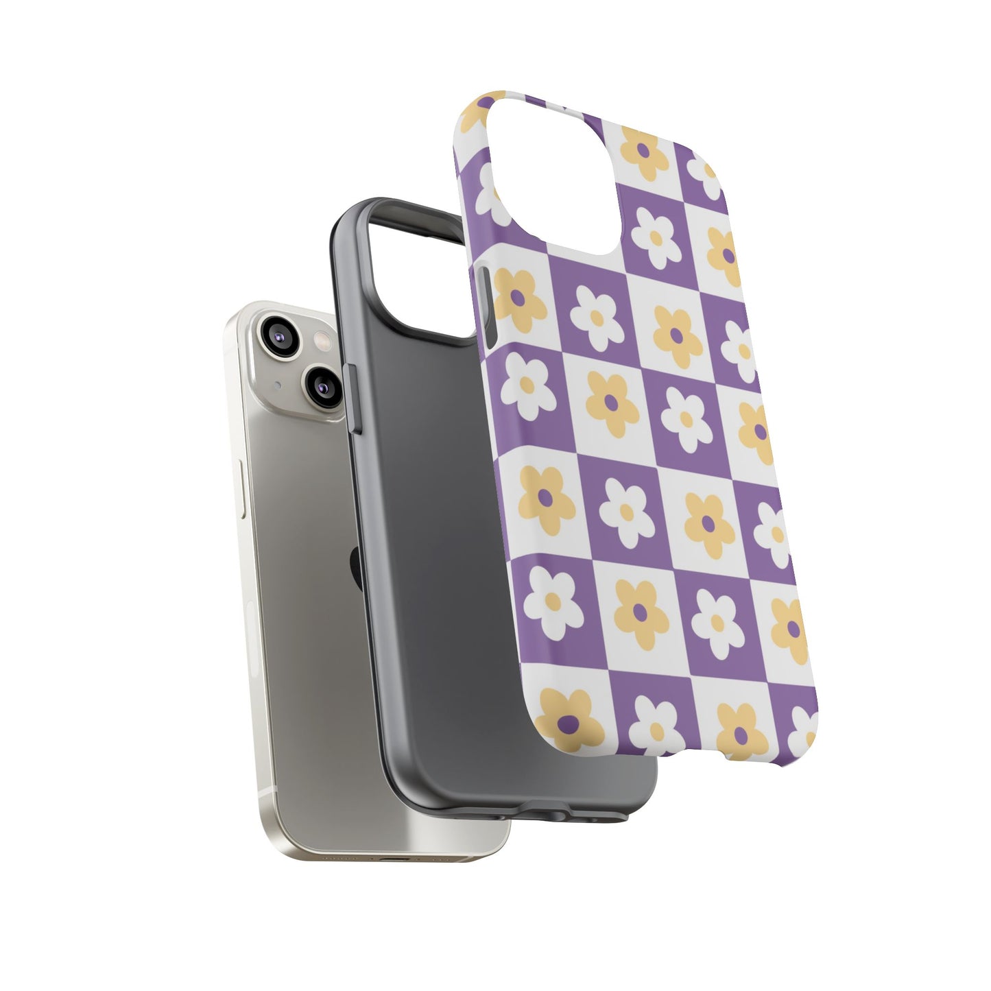 Gold and White Flower or Purple and White Checker iPhone Case | Trendy Aesthetic Floral & Retro Phone Cover