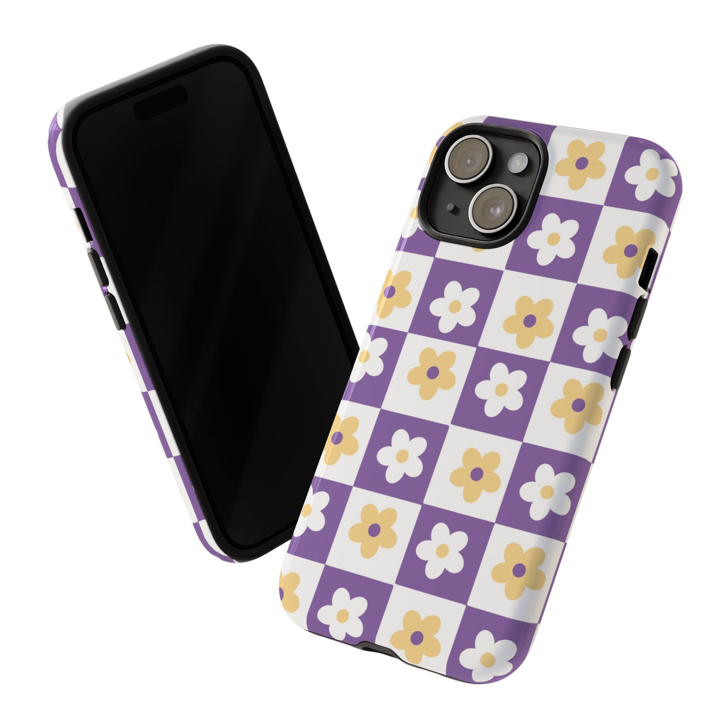 Gold and White Flower or Purple and White Checker iPhone Case | Trendy Aesthetic Floral & Retro Phone Cover