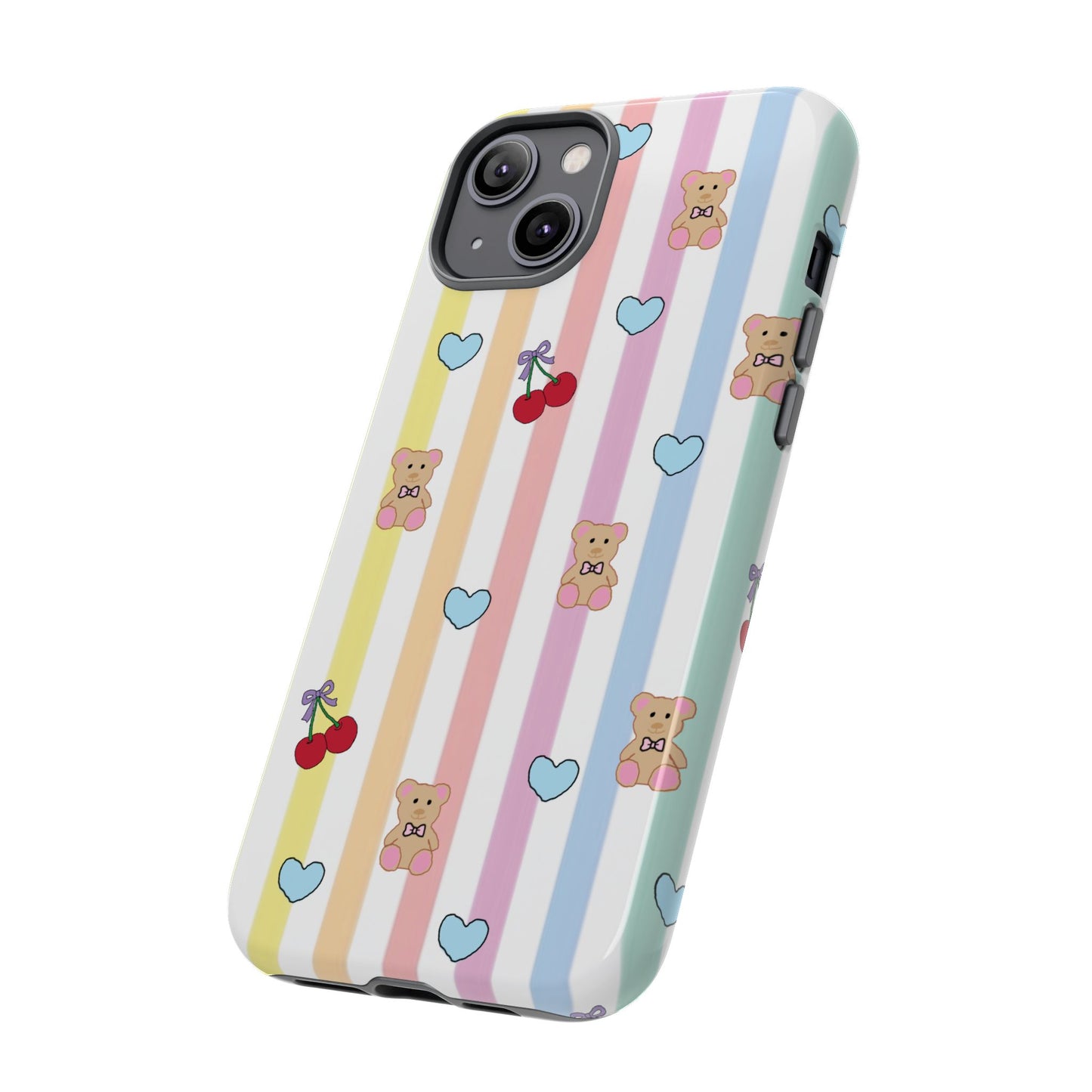 Teddy Bear and Cherry Bow iPhone Case | Pastel Stripes, Blue Hearts, Glossy Tough Protective Cover for iPhone 14 through iPhone 17 Pro Max