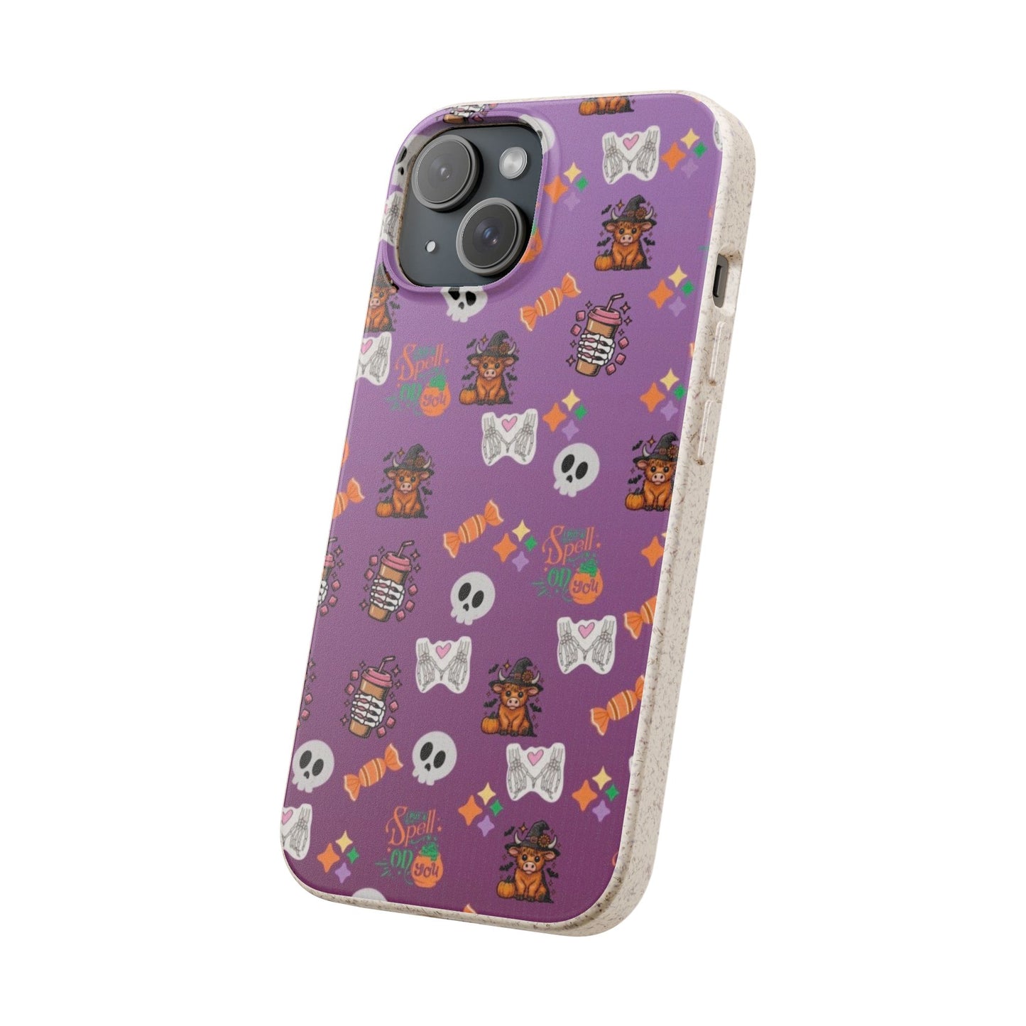 Spell On You Halloween Teddy Bear iPhone Case | Cute Witch Bear, Candy and Skull Pattern | Purple Aesthetic Protective Phone Cover