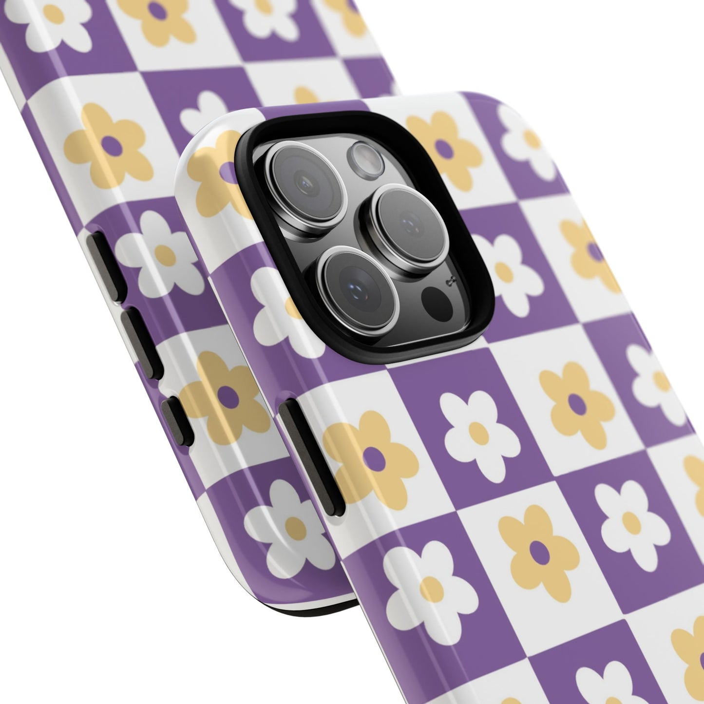 Gold and White Flower or Purple and White Checker iPhone Case | Trendy Aesthetic Floral & Retro Phone Cover