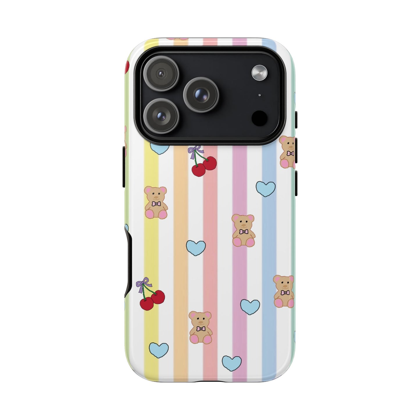 Teddy Bear and Cherry Bow iPhone Case | Pastel Stripes, Blue Hearts, Glossy Tough Protective Cover for iPhone 14 through iPhone 17 Pro Max