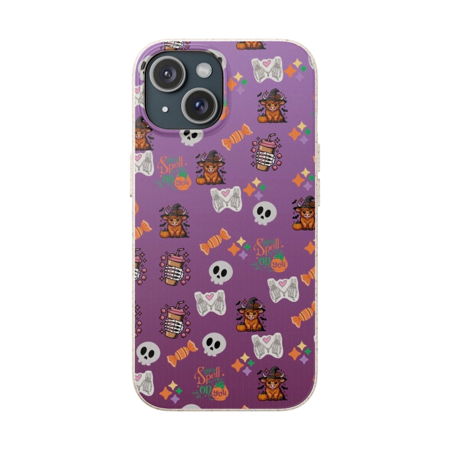 Spell On You Halloween Teddy Bear iPhone Case | Cute Witch Bear, Candy and Skull Pattern | Purple Aesthetic Protective Phone Cover