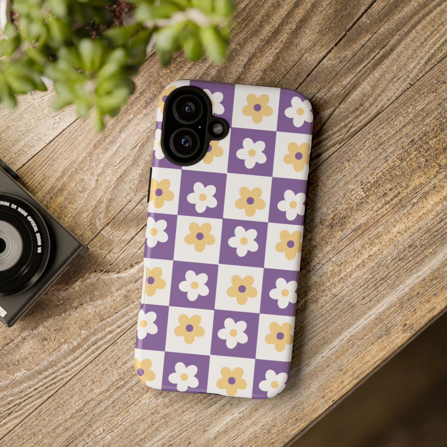 Gold and White Flower or Purple and White Checker iPhone Case | Trendy Aesthetic Floral & Retro Phone Cover