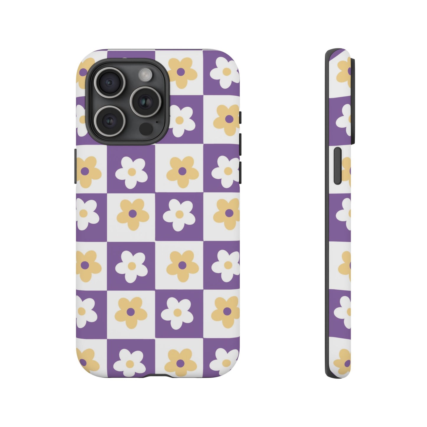 Gold and White Flower or Purple and White Checker iPhone Case | Trendy Aesthetic Floral & Retro Phone Cover