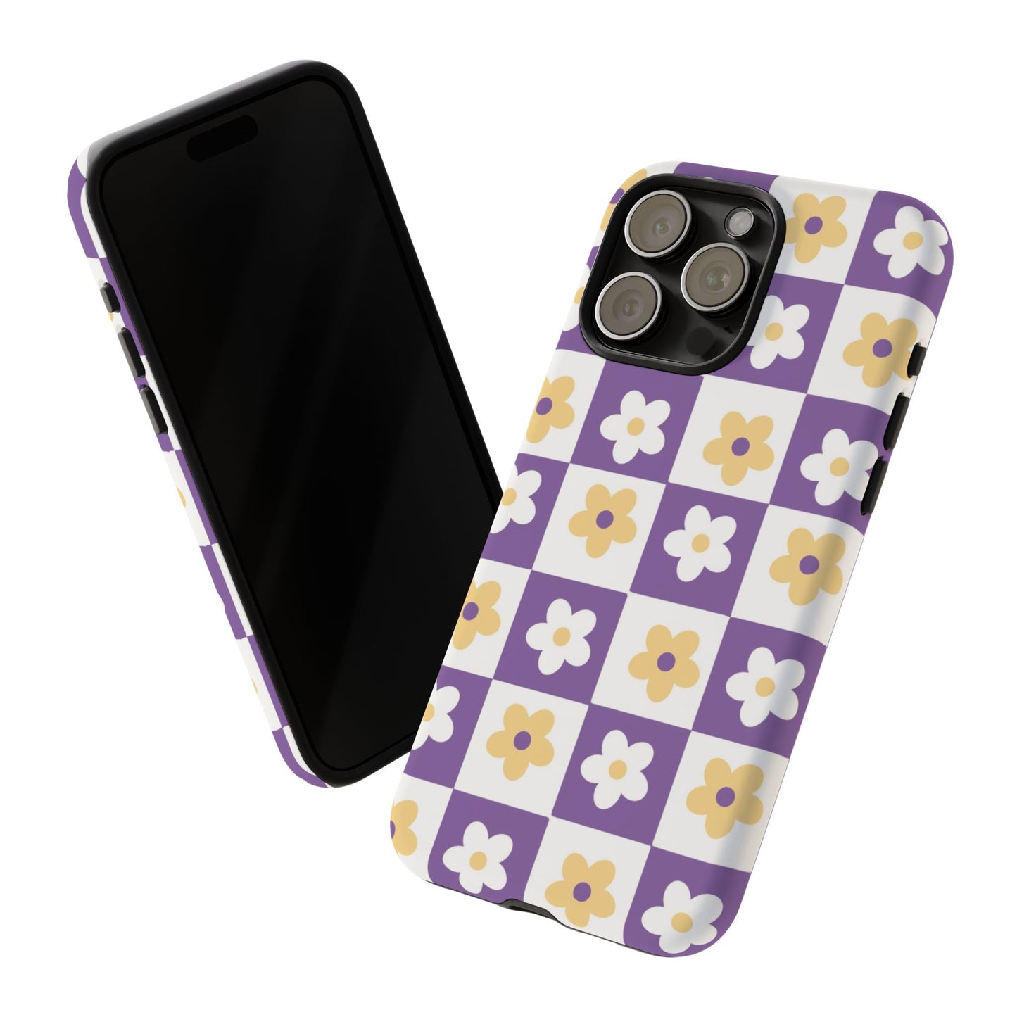 Gold and White Flower or Purple and White Checker iPhone Case | Trendy Aesthetic Floral & Retro Phone Cover