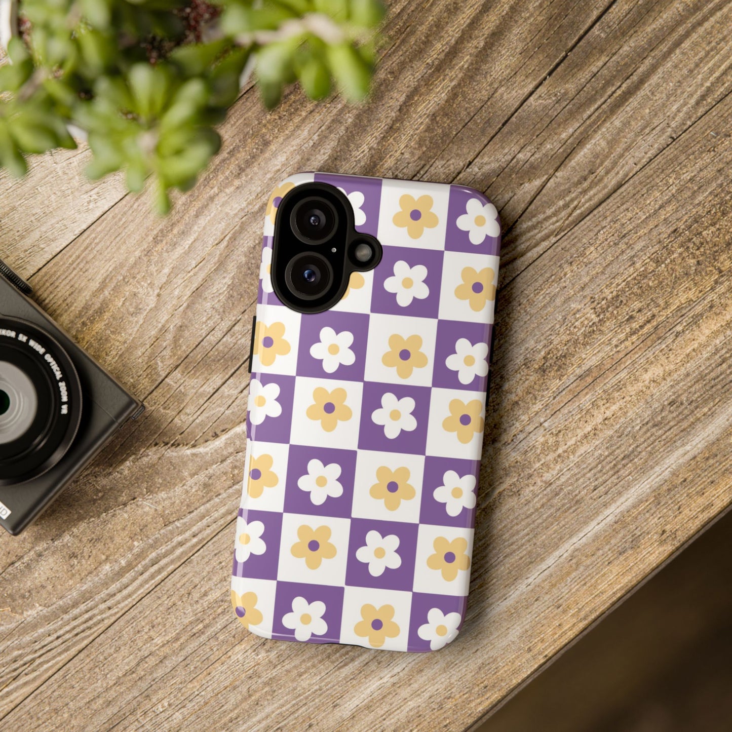 Gold and White Flower or Purple and White Checker iPhone Case | Trendy Aesthetic Floral & Retro Phone Cover