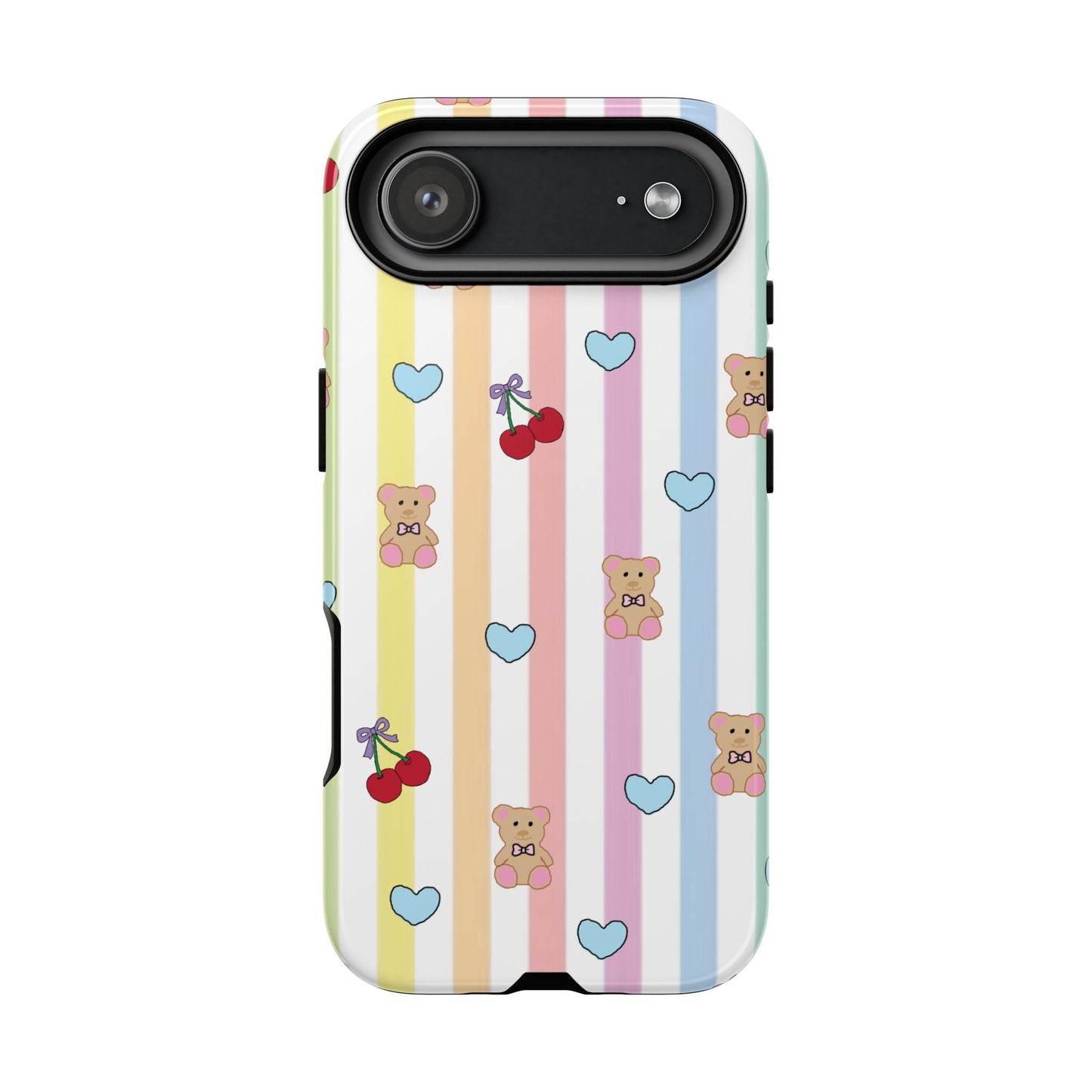 Teddy Bear and Cherry Bow iPhone Case | Pastel Stripes, Blue Hearts, Glossy Tough Protective Cover for iPhone 14 through iPhone 17 Pro Max