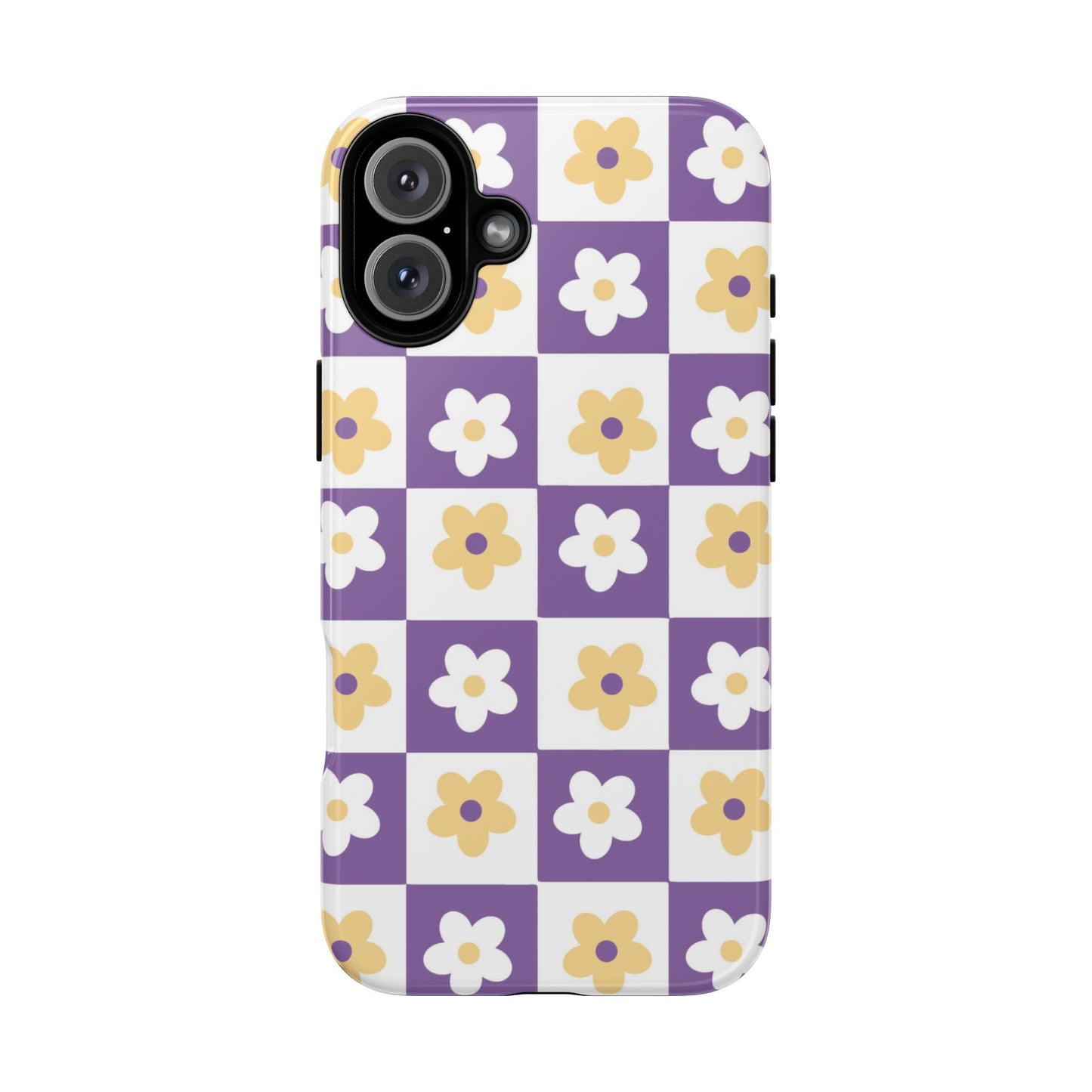 Gold and White Flower or Purple and White Checker iPhone Case | Trendy Aesthetic Floral & Retro Phone Cover