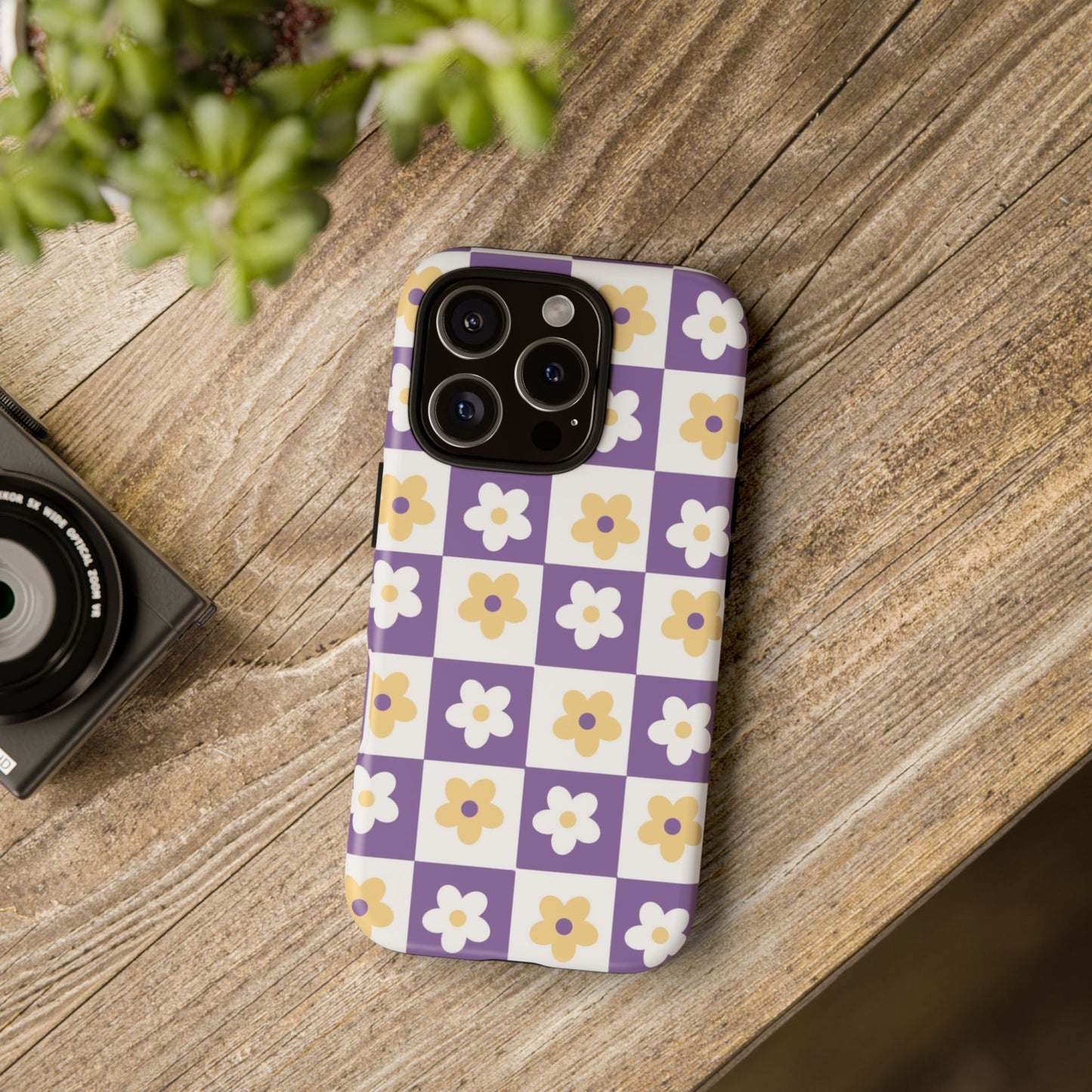 Gold and White Flower or Purple and White Checker iPhone Case | Trendy Aesthetic Floral & Retro Phone Cover