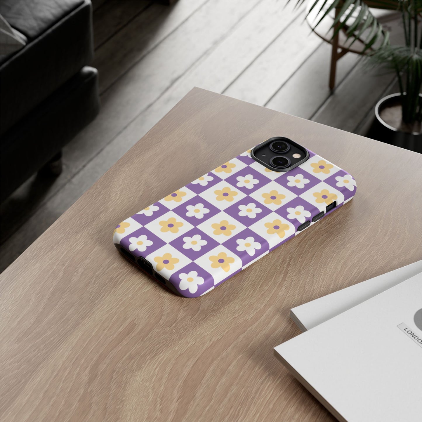 Gold and White Flower or Purple and White Checker iPhone Case | Trendy Aesthetic Floral & Retro Phone Cover