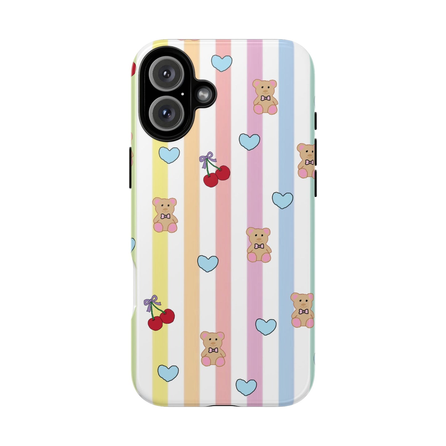 Teddy Bear and Cherry Bow iPhone Case | Pastel Stripes, Blue Hearts, Glossy Tough Protective Cover for iPhone 14 through iPhone 17 Pro Max