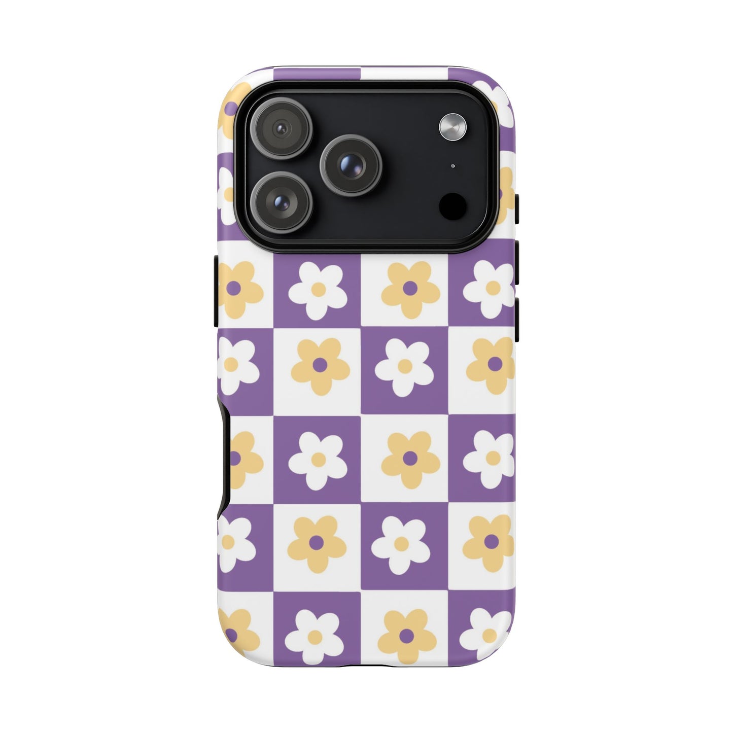 Gold and White Flower or Purple and White Checker iPhone Case | Trendy Aesthetic Floral & Retro Phone Cover