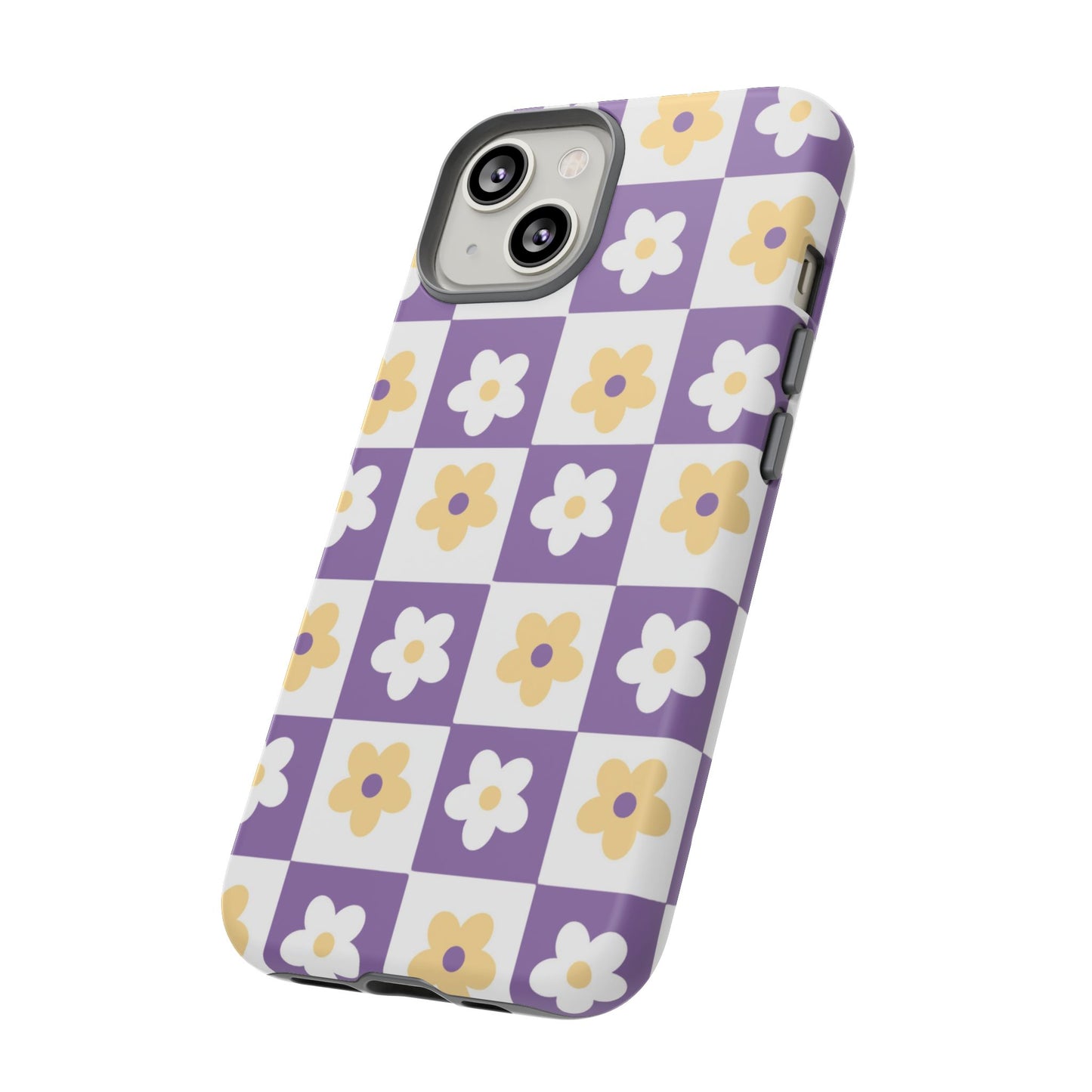 Gold and White Flower or Purple and White Checker iPhone Case | Trendy Aesthetic Floral & Retro Phone Cover