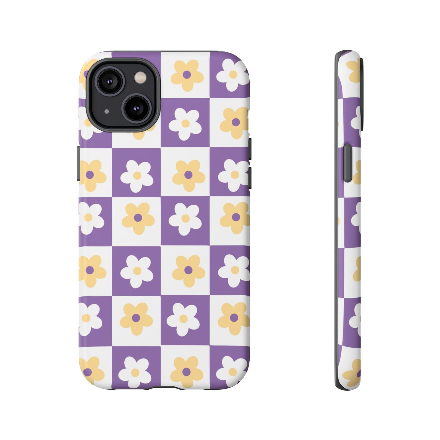 Gold and White Flower or Purple and White Checker iPhone Case | Trendy Aesthetic Floral & Retro Phone Cover