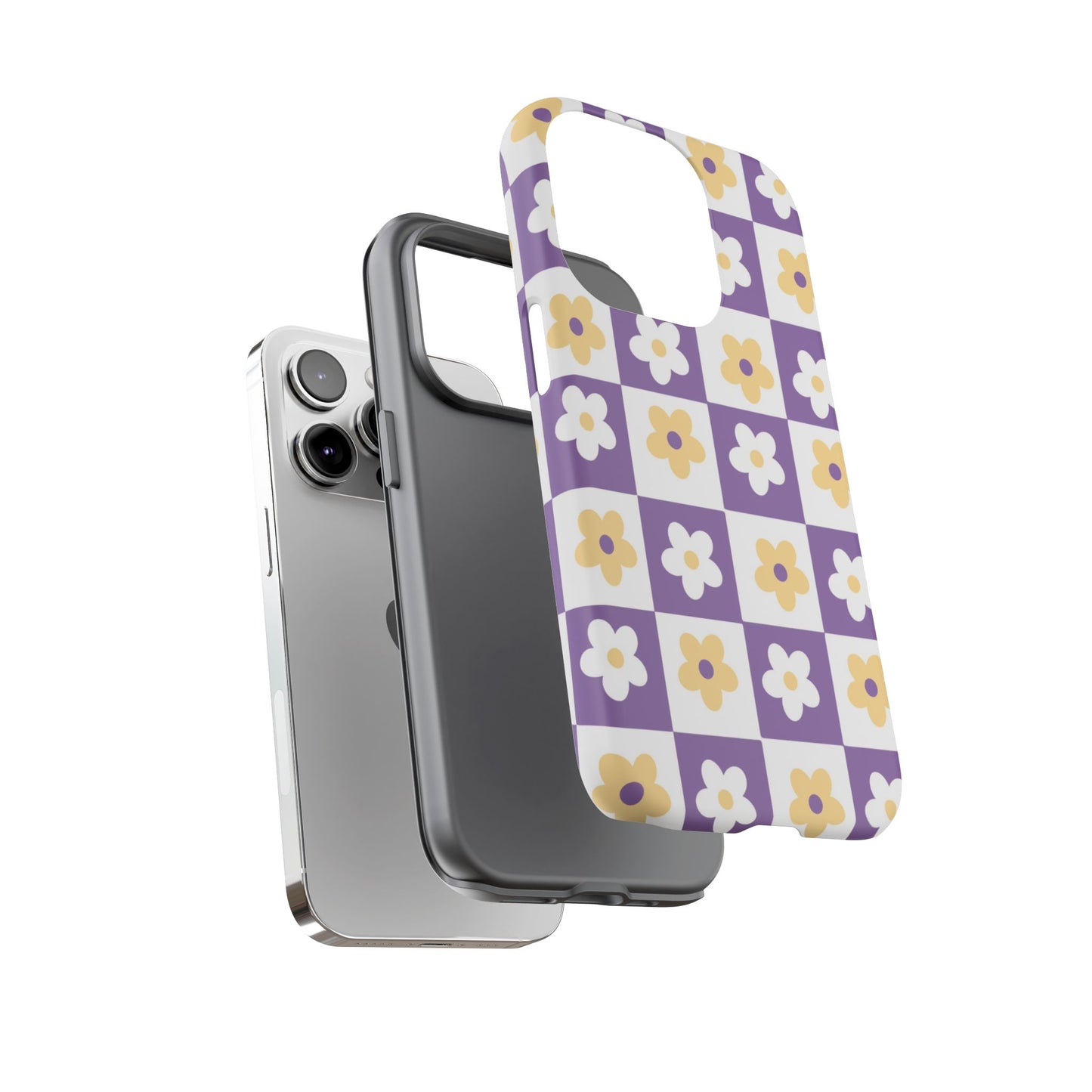 Gold and White Flower or Purple and White Checker iPhone Case | Trendy Aesthetic Floral & Retro Phone Cover
