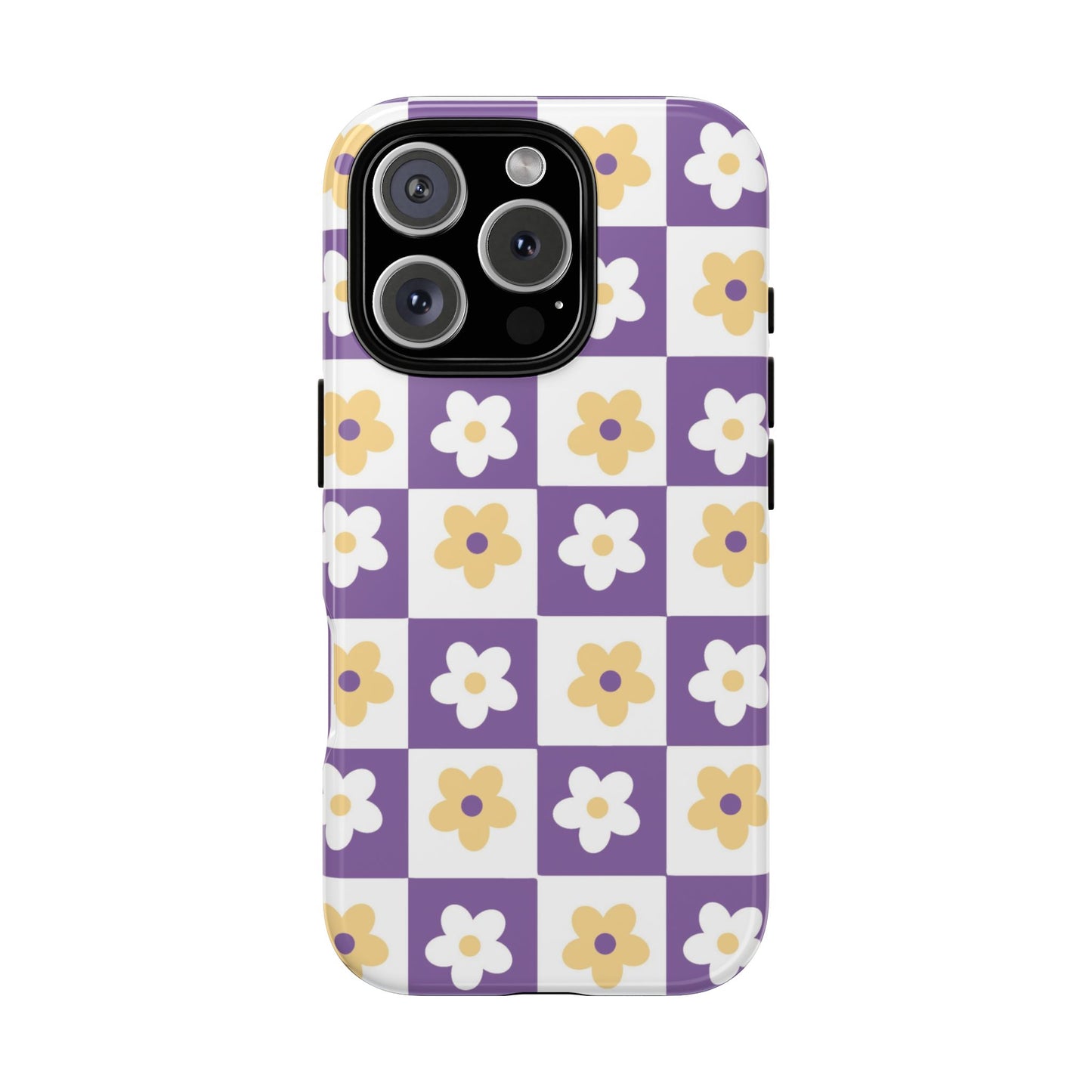 Gold and White Flower or Purple and White Checker iPhone Case | Trendy Aesthetic Floral & Retro Phone Cover