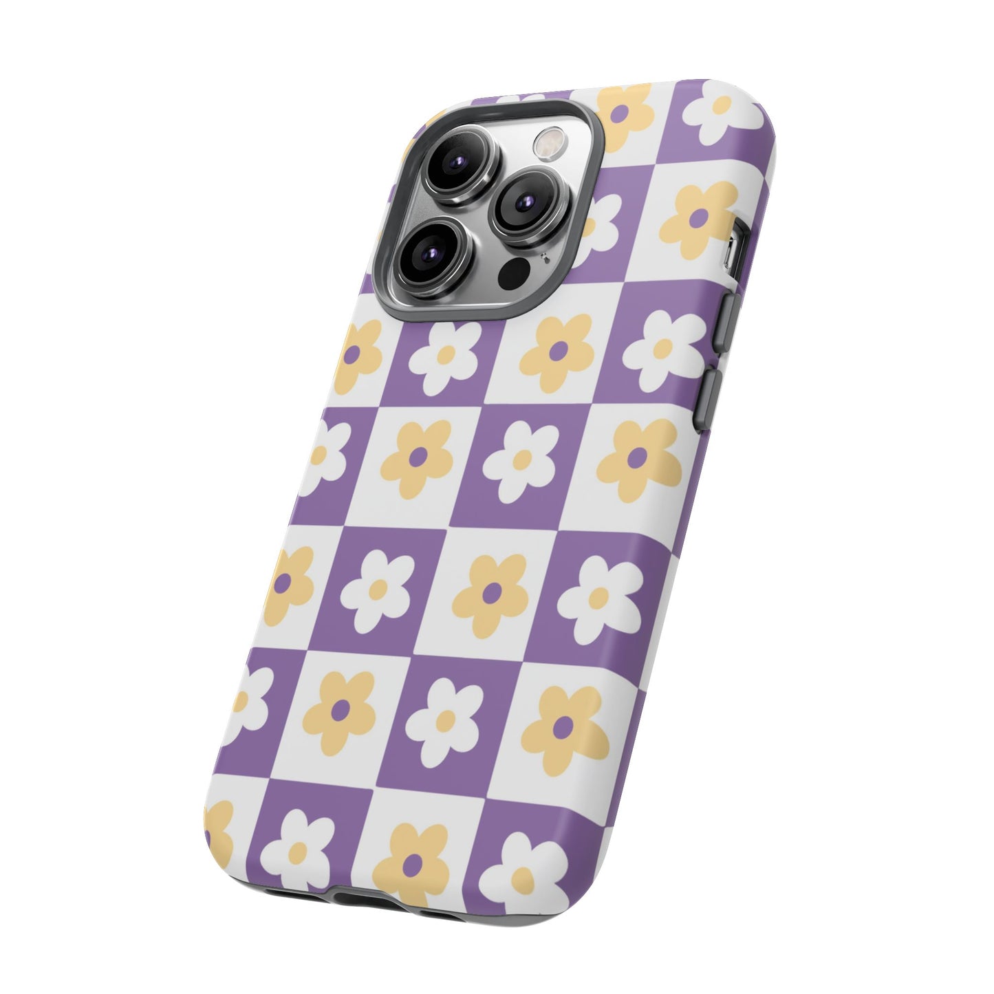 Gold and White Flower or Purple and White Checker iPhone Case | Trendy Aesthetic Floral & Retro Phone Cover