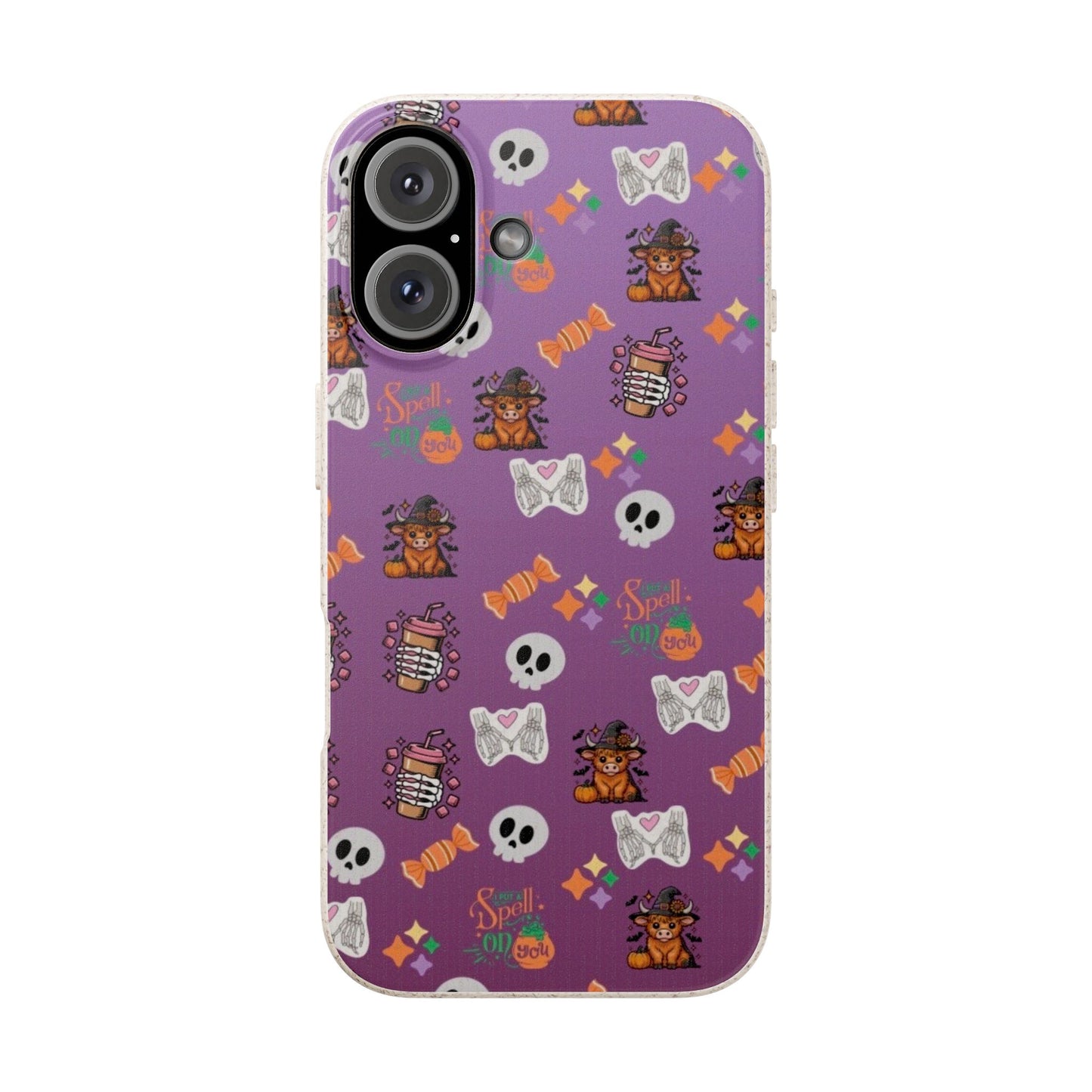 Spell On You Halloween Teddy Bear iPhone Case | Cute Witch Bear, Candy and Skull Pattern | Purple Aesthetic Protective Phone Cover