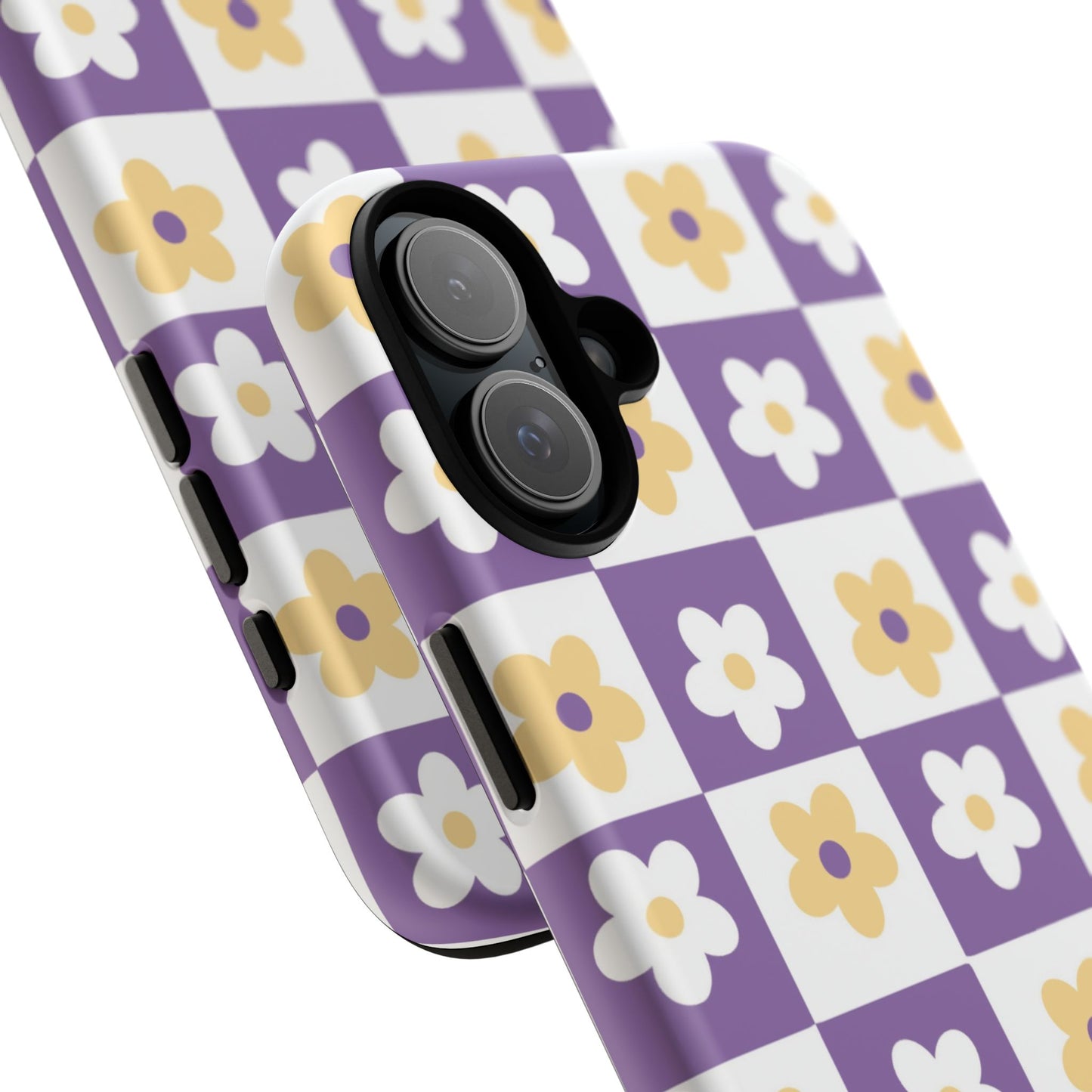 Gold and White Flower or Purple and White Checker iPhone Case | Trendy Aesthetic Floral & Retro Phone Cover