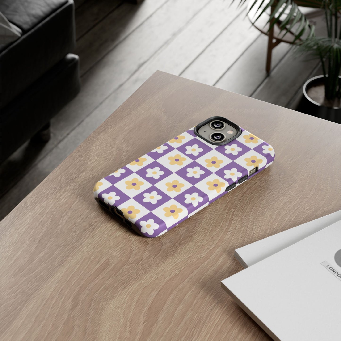 Gold and White Flower or Purple and White Checker iPhone Case | Trendy Aesthetic Floral & Retro Phone Cover