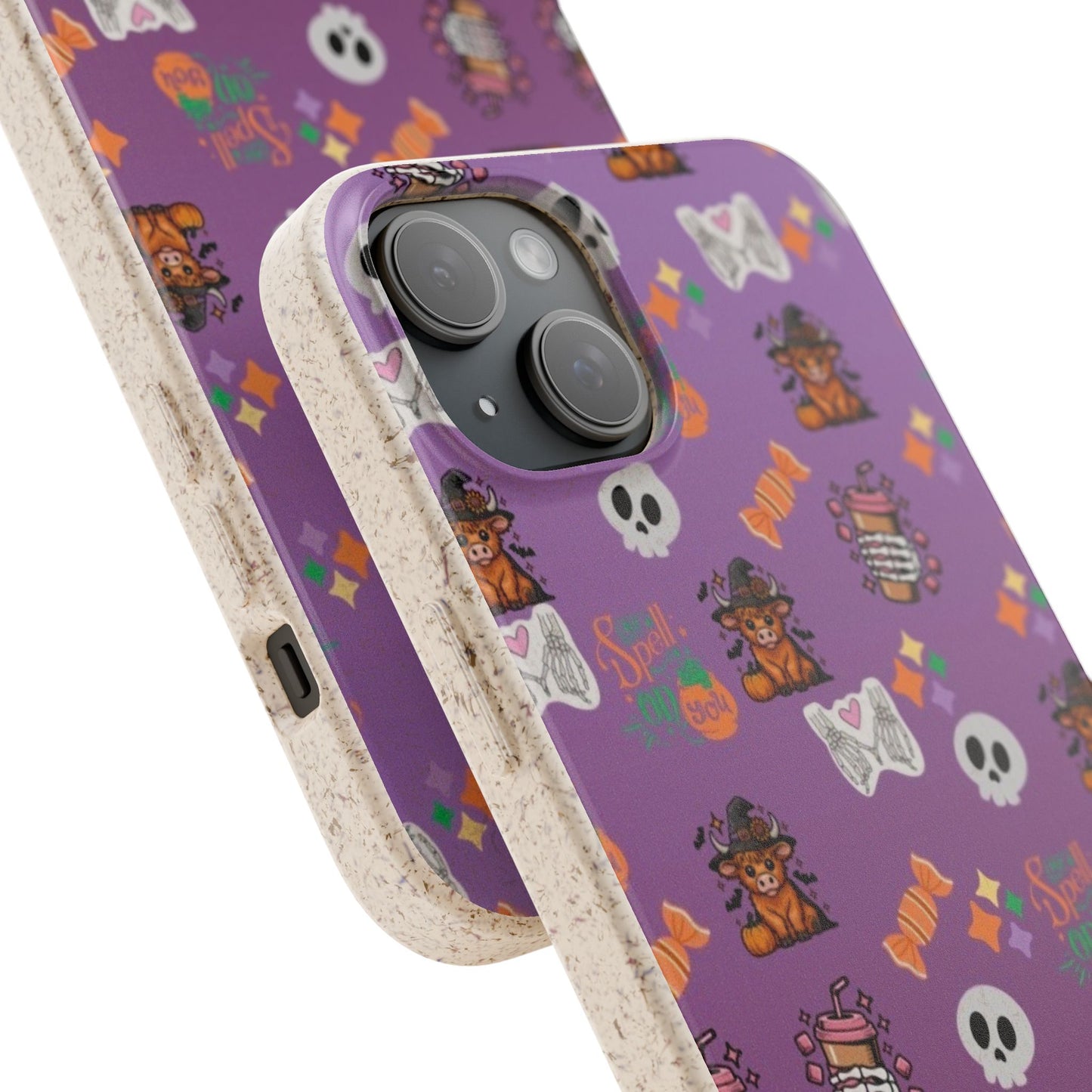 Spell On You Halloween Teddy Bear iPhone Case | Cute Witch Bear, Candy and Skull Pattern | Purple Aesthetic Protective Phone Cover