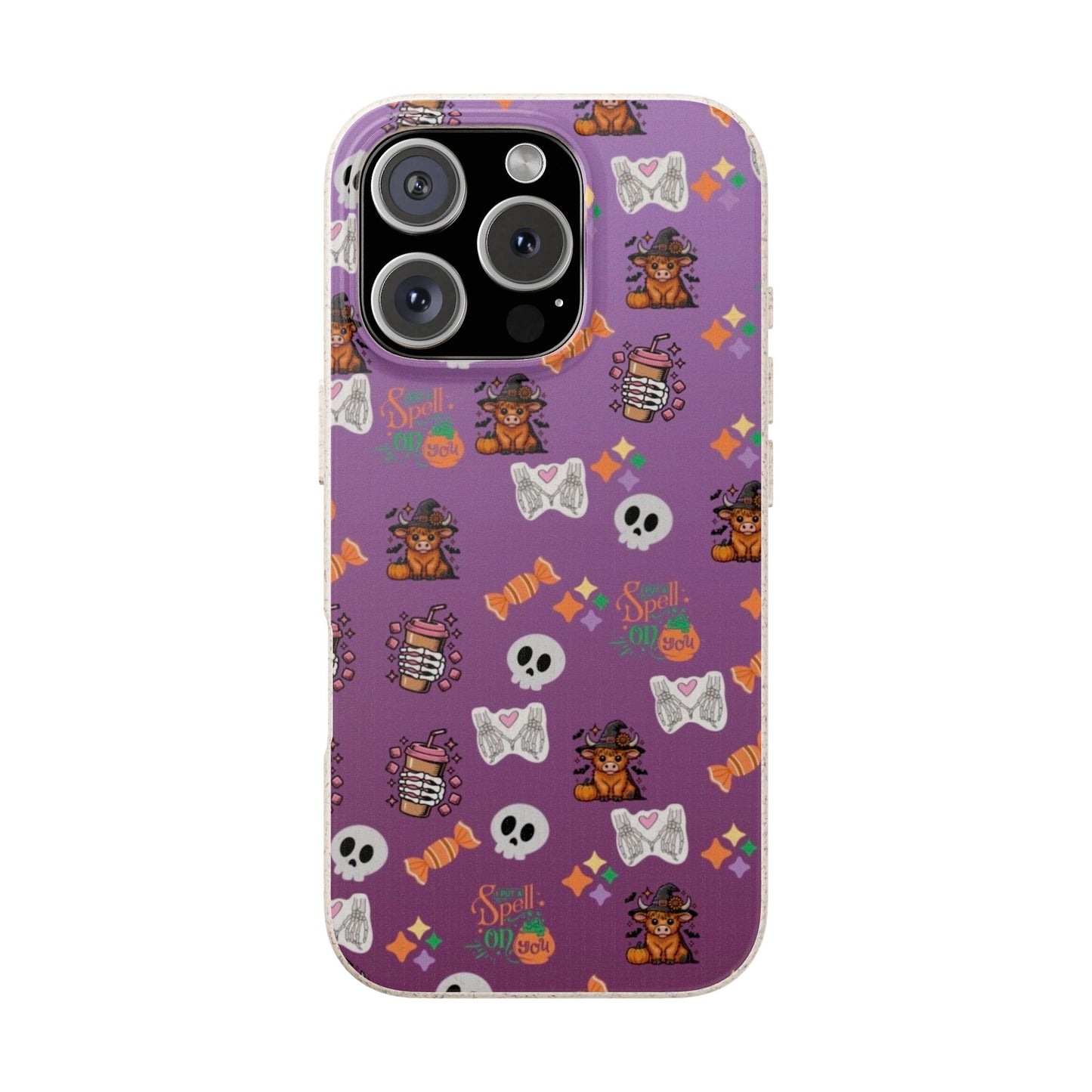 Spell On You Halloween Teddy Bear iPhone Case | Cute Witch Bear, Candy and Skull Pattern | Purple Aesthetic Protective Phone Cover