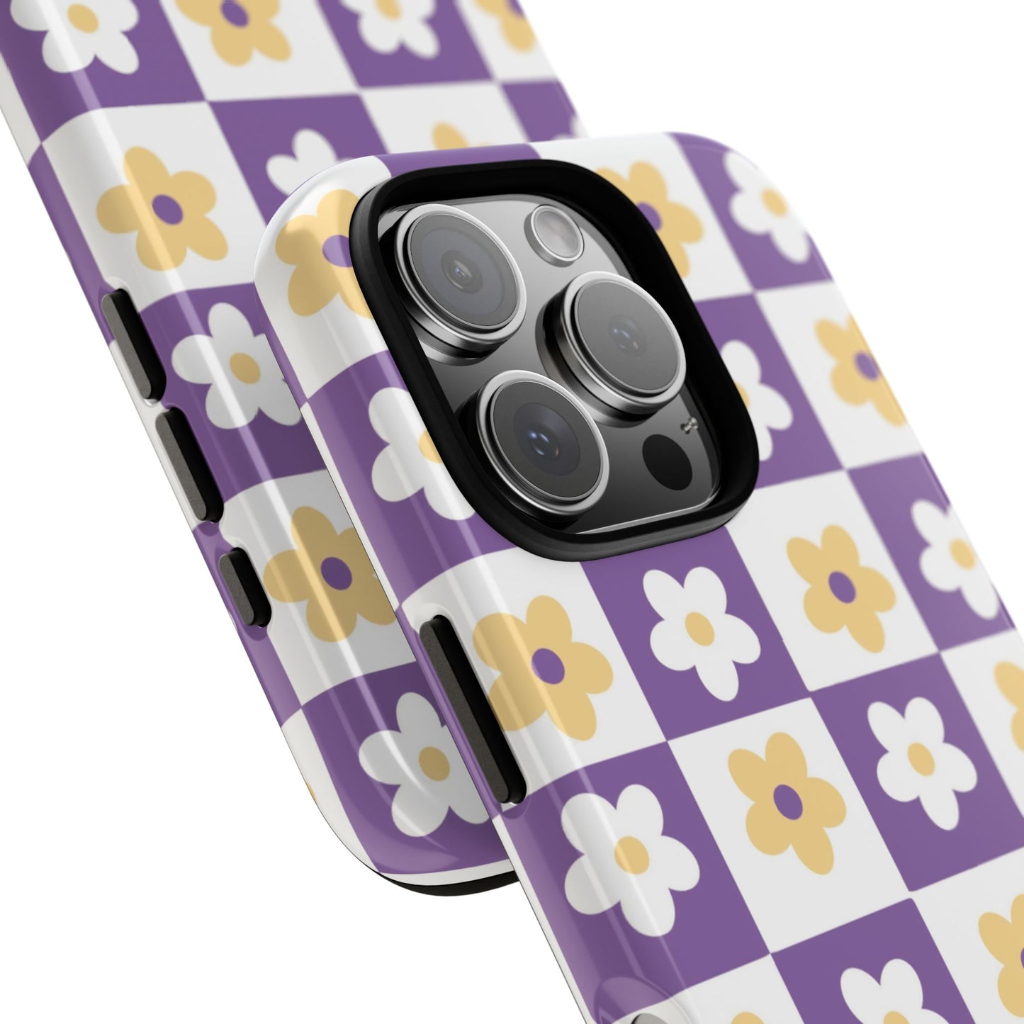 Gold and White Flower or Purple and White Checker iPhone Case | Trendy Aesthetic Floral & Retro Phone Cover