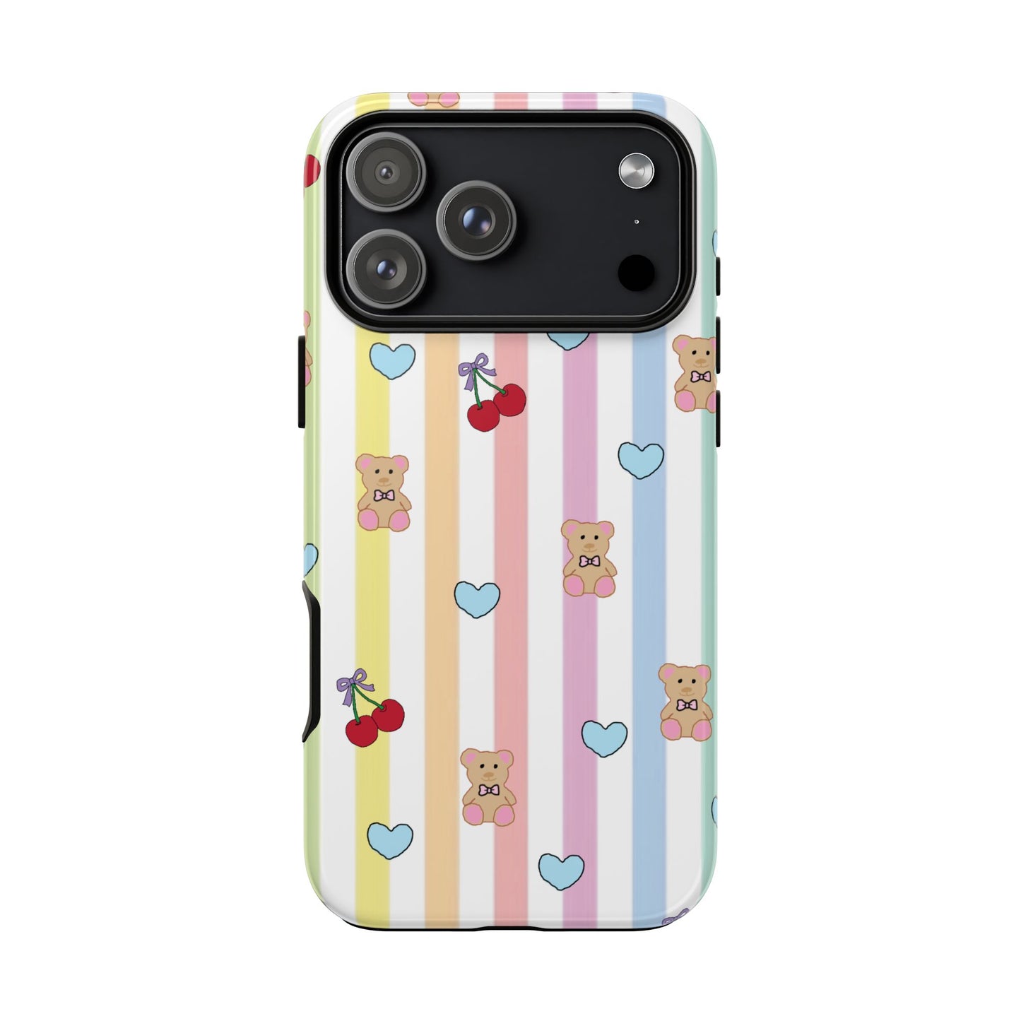 Teddy Bear and Cherry Bow iPhone Case | Pastel Stripes, Blue Hearts, Glossy Tough Protective Cover for iPhone 14 through iPhone 17 Pro Max