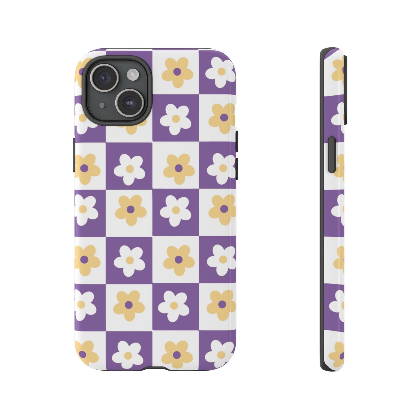 Gold and White Flower or Purple and White Checker iPhone Case | Trendy Aesthetic Floral & Retro Phone Cover