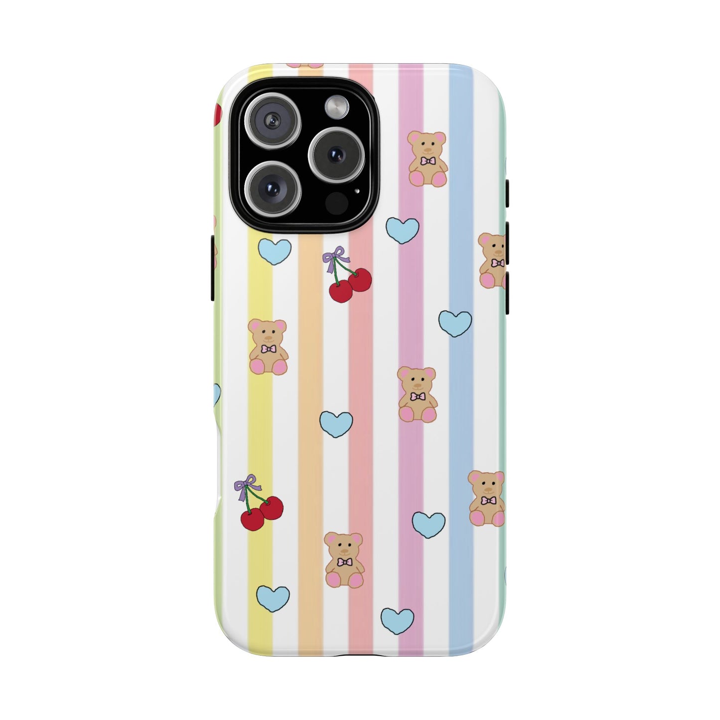 Teddy Bear and Cherry Bow iPhone Case | Pastel Stripes, Blue Hearts, Glossy Tough Protective Cover for iPhone 14 through iPhone 17 Pro Max