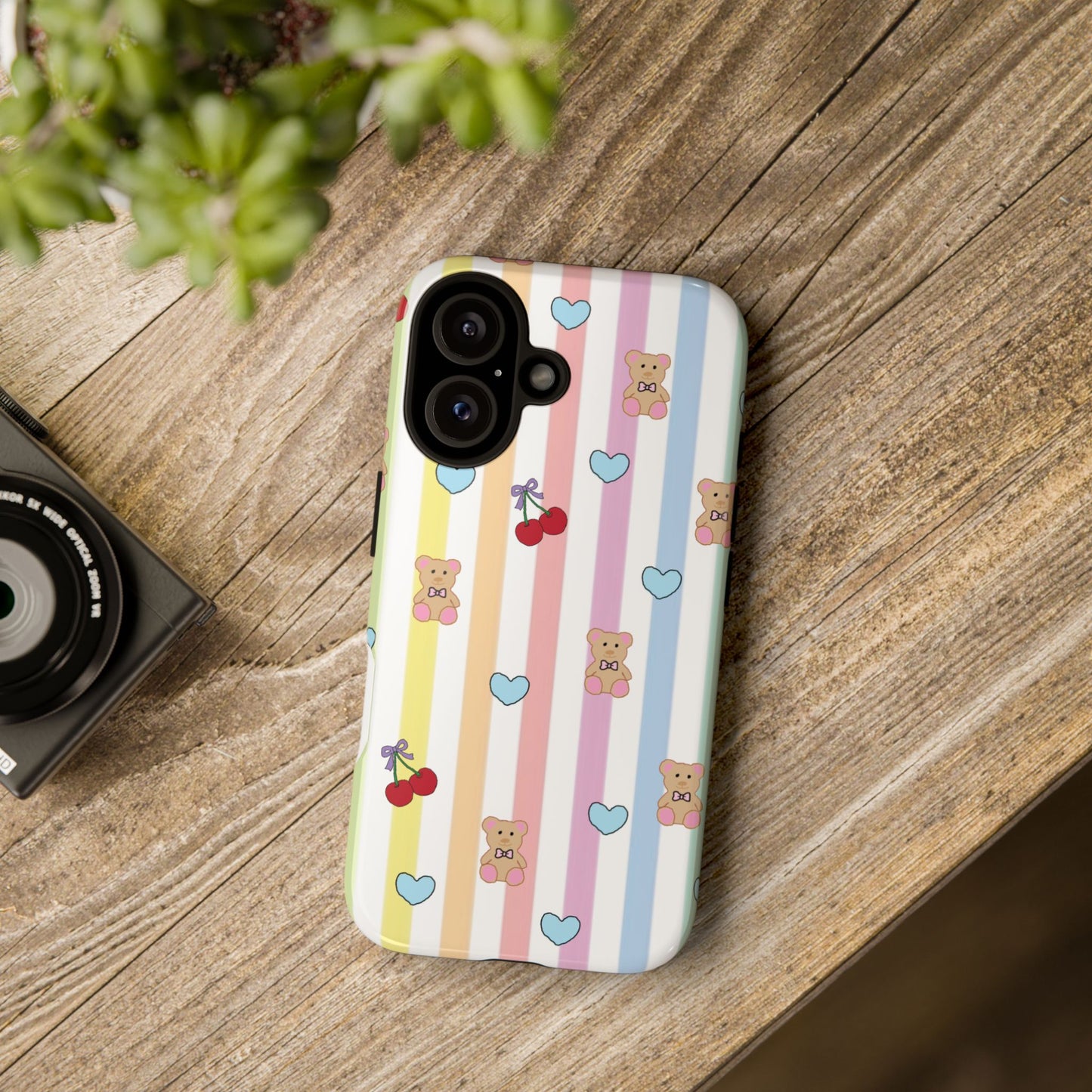 Teddy Bear and Cherry Bow iPhone Case | Pastel Stripes, Blue Hearts, Glossy Tough Protective Cover for iPhone 14 through iPhone 17 Pro Max