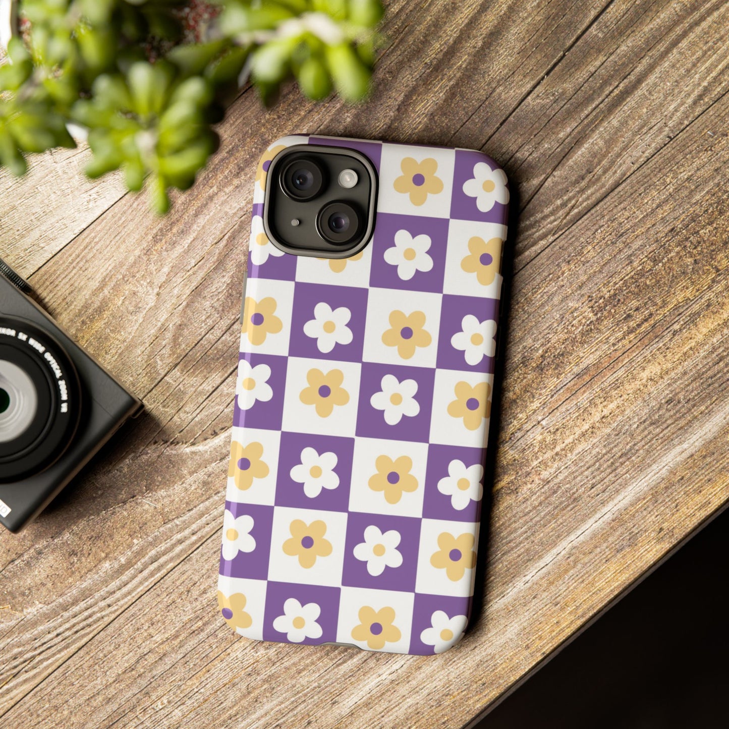 Gold and White Flower or Purple and White Checker iPhone Case | Trendy Aesthetic Floral & Retro Phone Cover