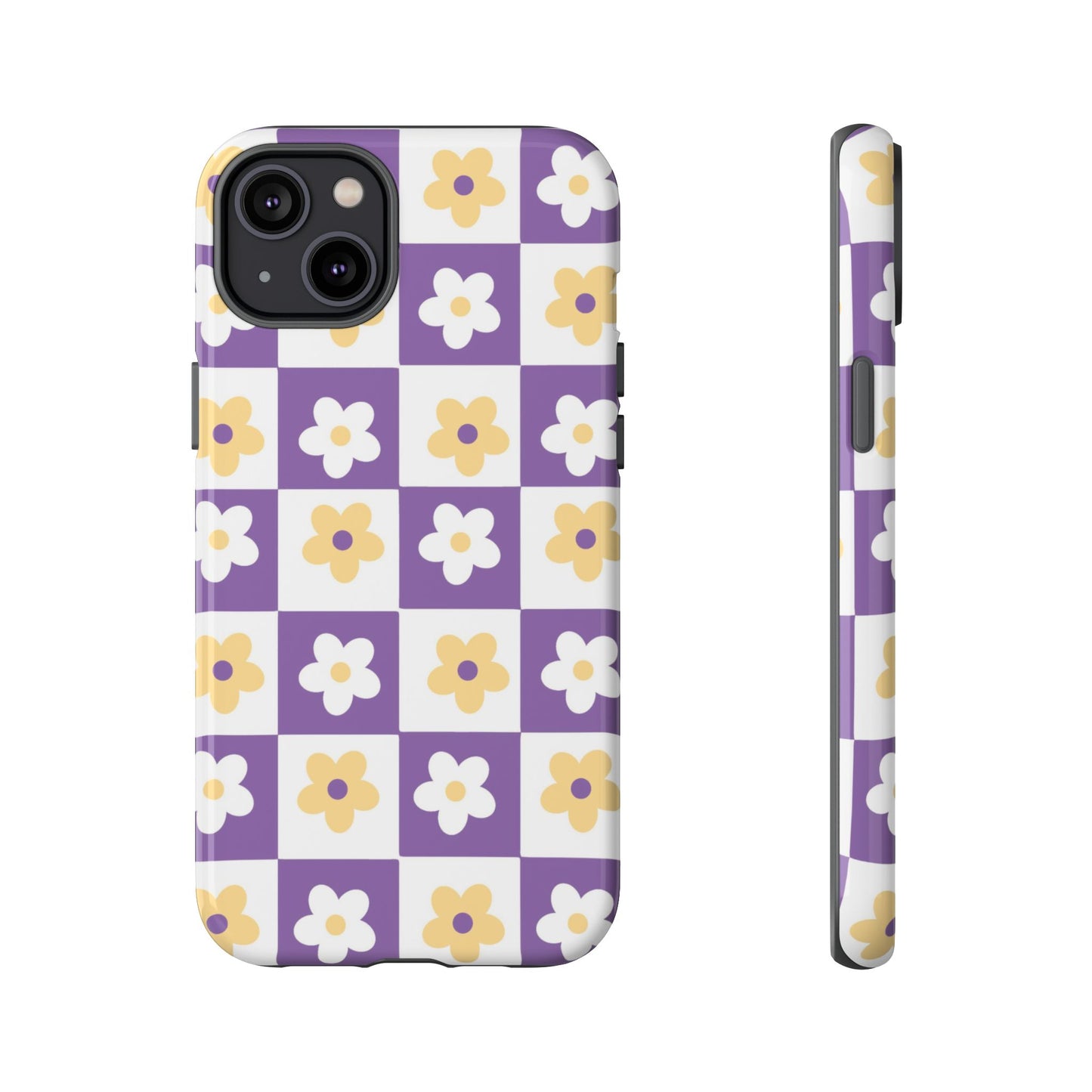 Gold and White Flower or Purple and White Checker iPhone Case | Trendy Aesthetic Floral & Retro Phone Cover