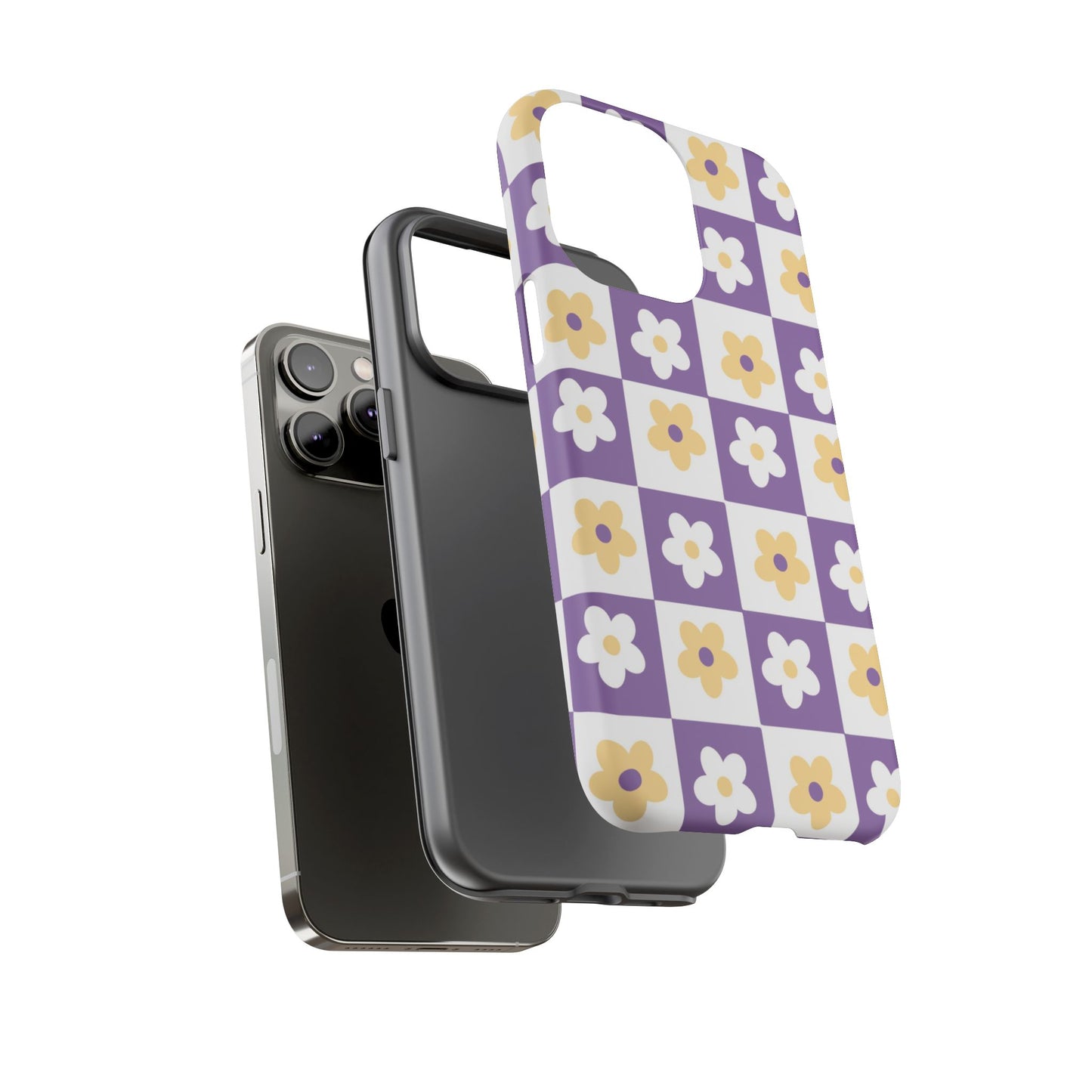 Gold and White Flower or Purple and White Checker iPhone Case | Trendy Aesthetic Floral & Retro Phone Cover