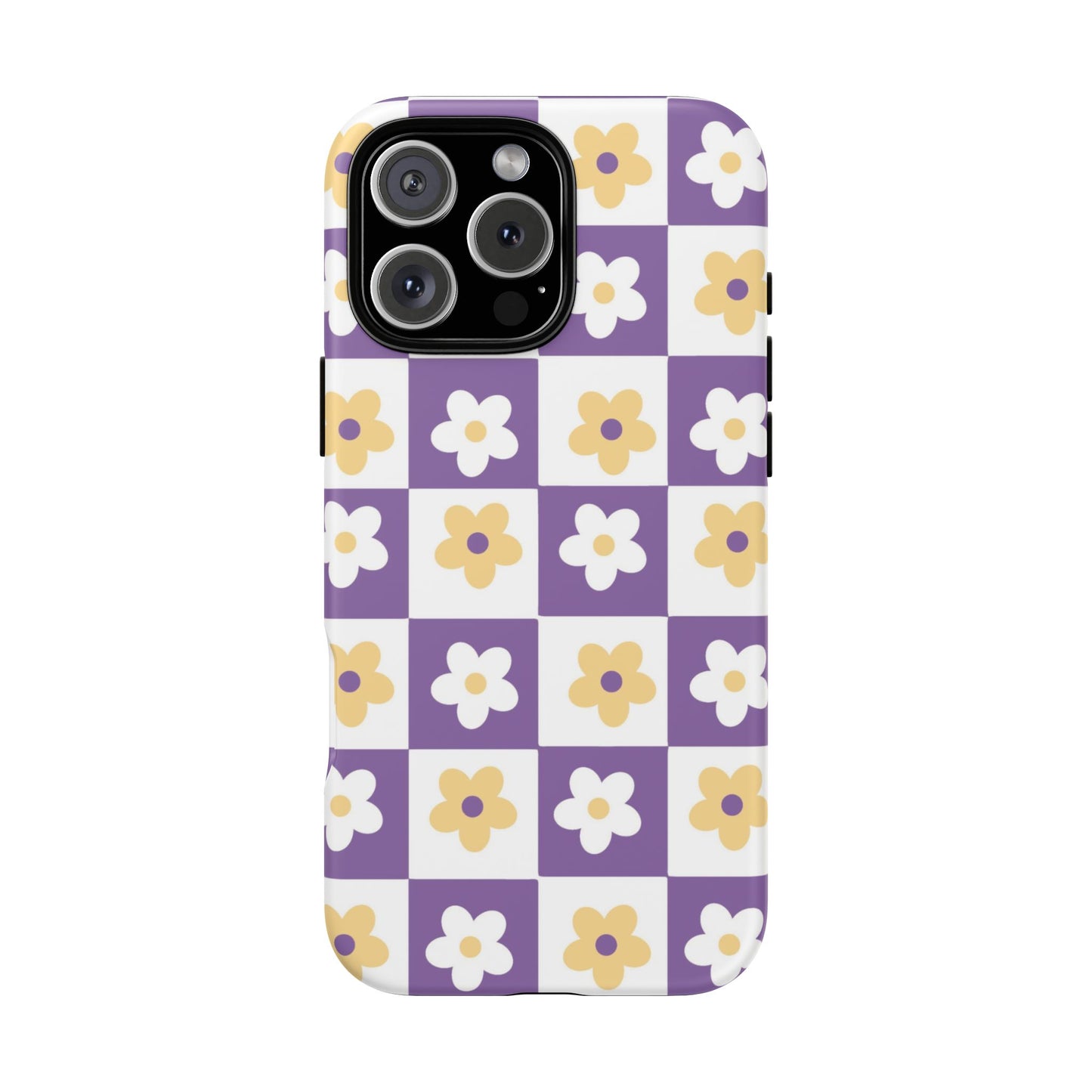 Gold and White Flower or Purple and White Checker iPhone Case | Trendy Aesthetic Floral & Retro Phone Cover