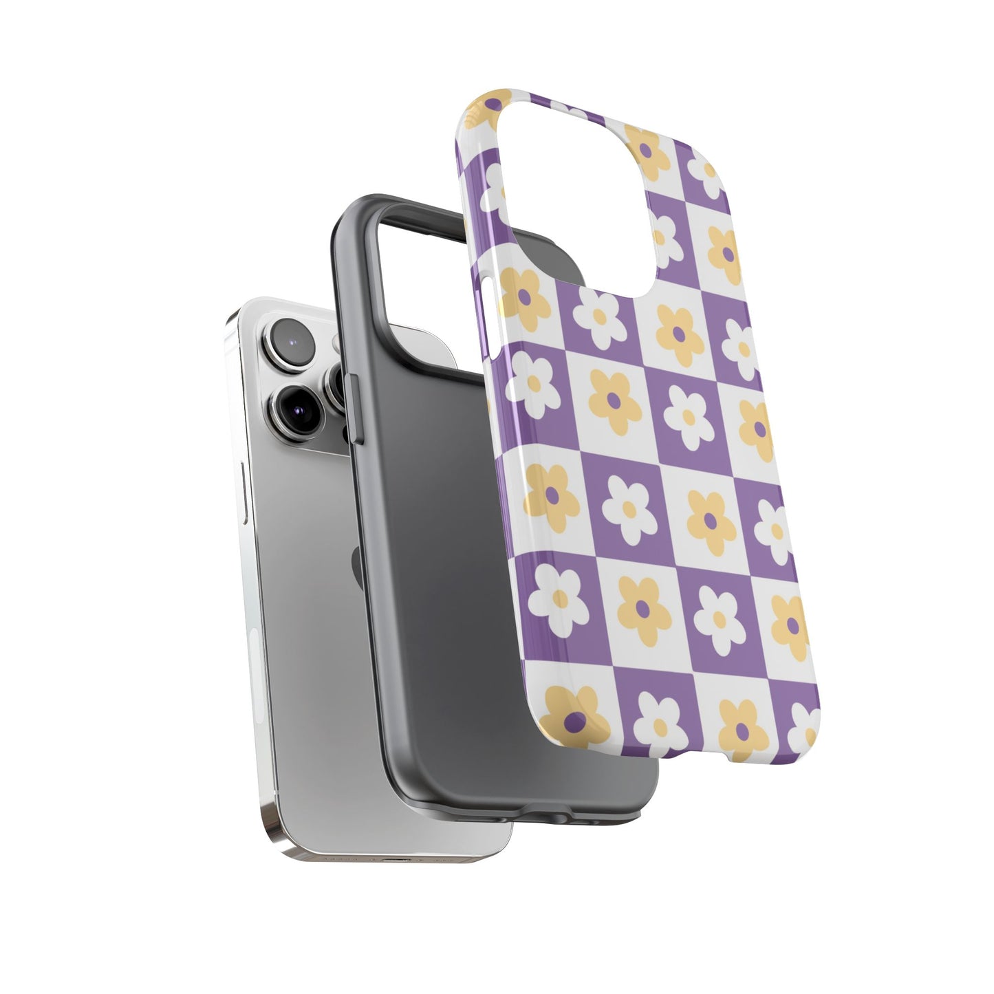 Gold and White Flower or Purple and White Checker iPhone Case | Trendy Aesthetic Floral & Retro Phone Cover