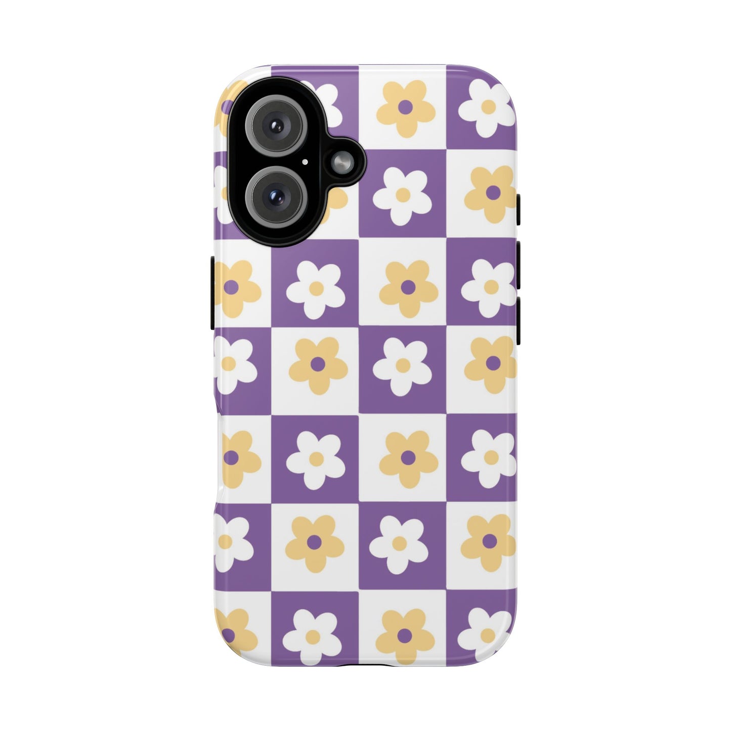 Gold and White Flower or Purple and White Checker iPhone Case | Trendy Aesthetic Floral & Retro Phone Cover