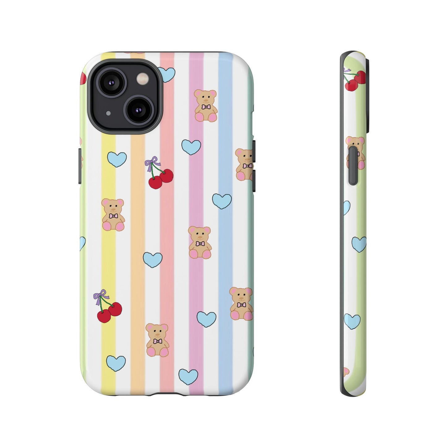 Teddy Bear and Cherry Bow iPhone Case | Pastel Stripes, Blue Hearts, Glossy Tough Protective Cover for iPhone 14 through iPhone 17 Pro Max