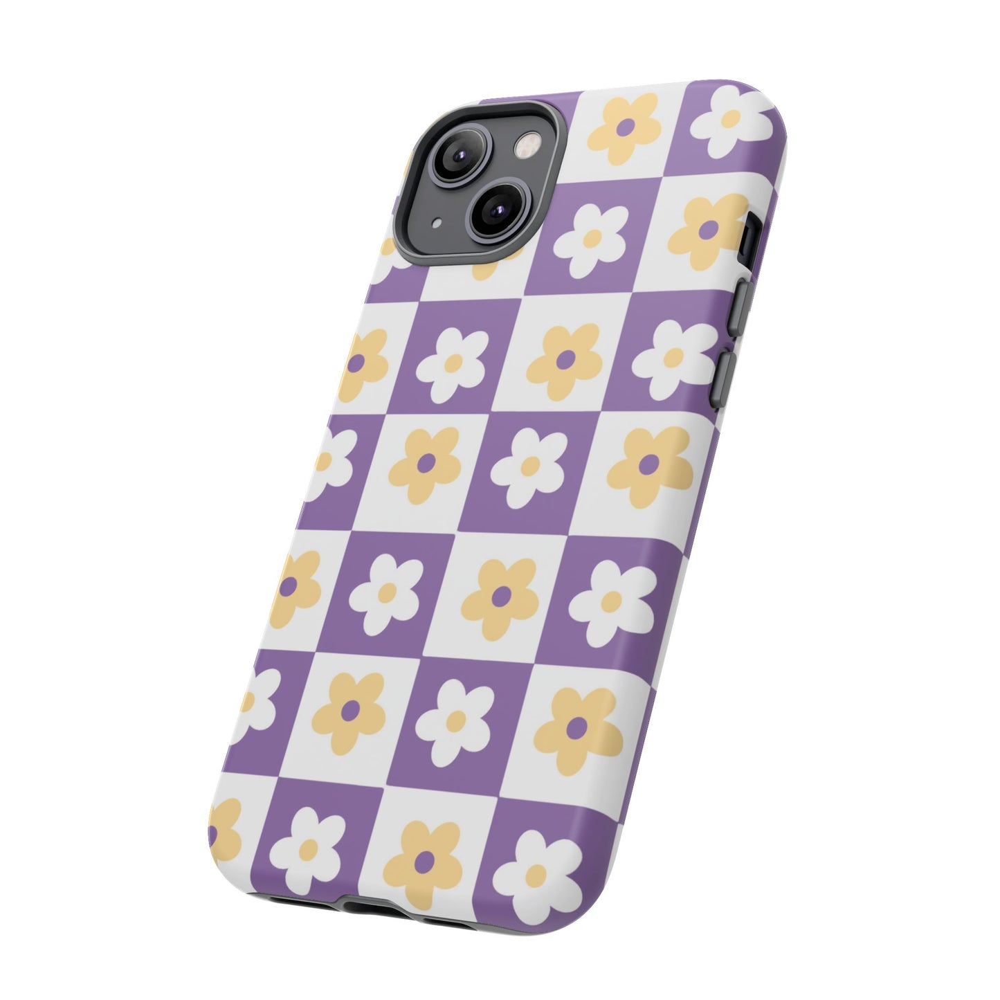 Gold and White Flower or Purple and White Checker iPhone Case | Trendy Aesthetic Floral & Retro Phone Cover